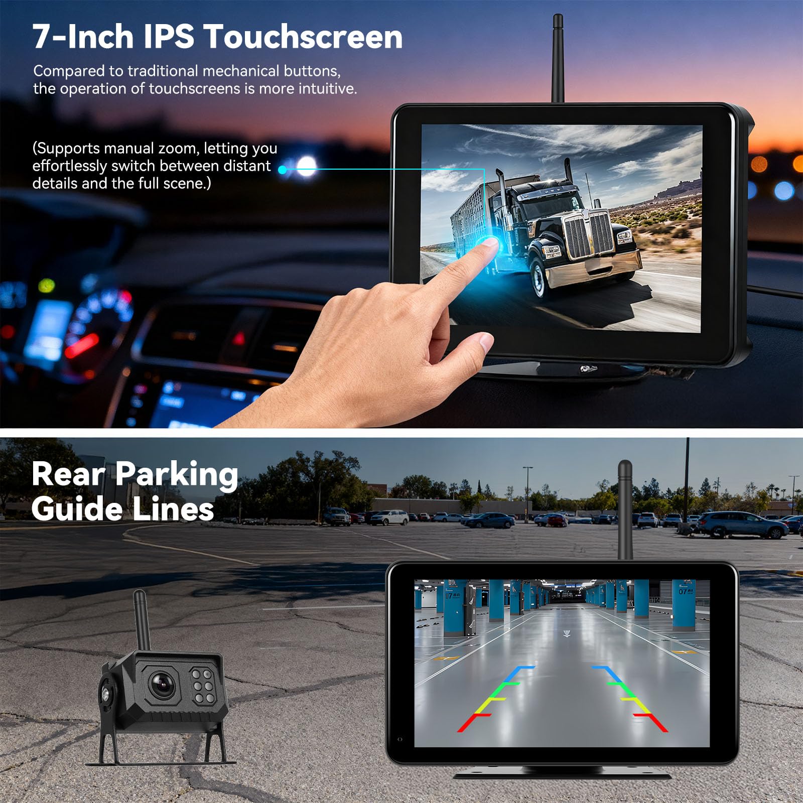 CAMECHO 7'' WIRELESS Telecamera Posteriore con monitor e IP68, Visione Notturna DVR Telecamera Posteriore per auto con Ingrandisci/riduci il filmato, Schermo diviso, BSD, Slot per scheda SD
