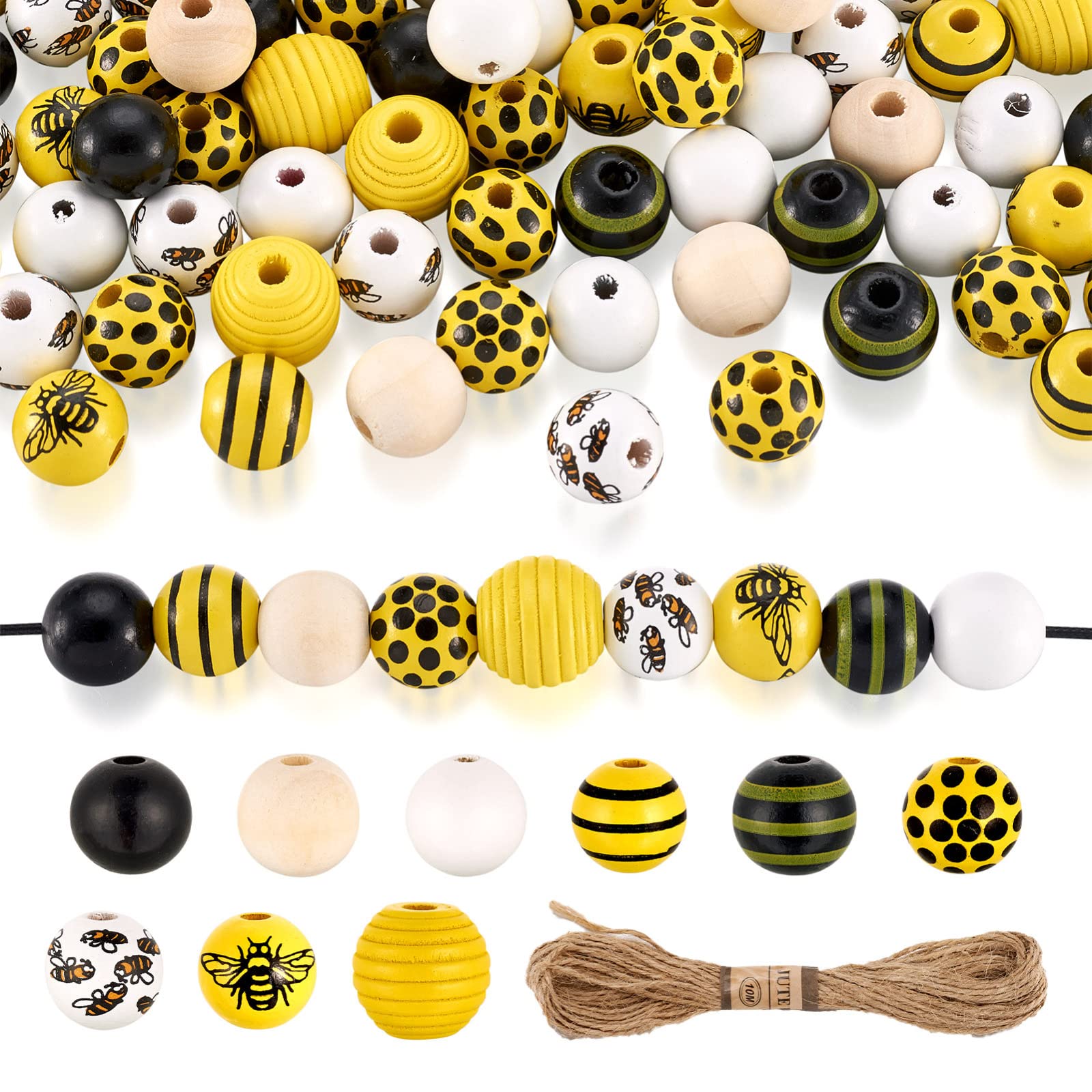 Beadthoven 160pcs Natural Wood Beads Large Hole Bee Theme Painted Round Wooden Beads with Jute Cord for Jewelry Garland Crafts Home Decoration Curtain Ornament