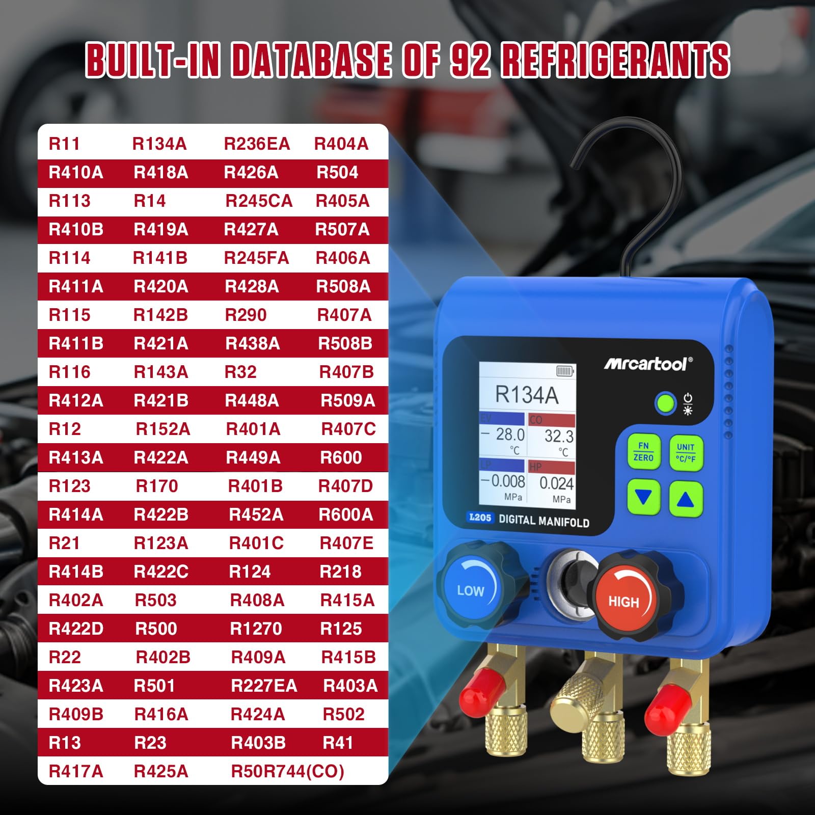 L205 Digitales Kältemittelmessgerät Vakuumpumpe Klimaanlage 92 Kältemittel Daten Manifold Gauge Set Druck-Temperatur-Lecktester für HVAC Kältetechnik R134A R32 R410