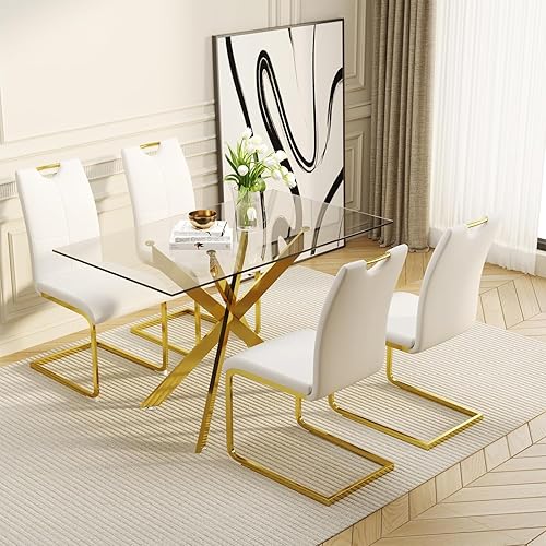 Juego de mesa de comedor de vidrio de 51.18 pulgadas de ancho para 4, mesa de cocina rectangular moderna de vidrio con patas de metal dorado, 4 Mesa