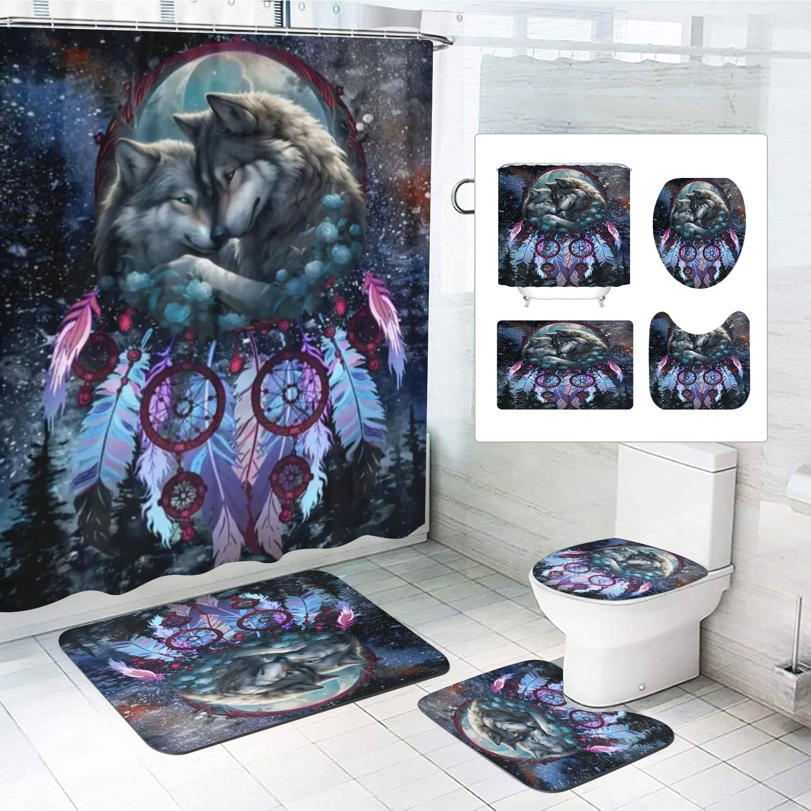 SMchwbc Wolf Shower Curtain 180 x 180 cm 180 x 200 cm Wolves Textile Forest Animal Shower Curtains Set Polyester Fabric Wild Animals Shower Curtains Bathroom Rug 4-Piece Set (180 x 180 cm (W x H), 1)