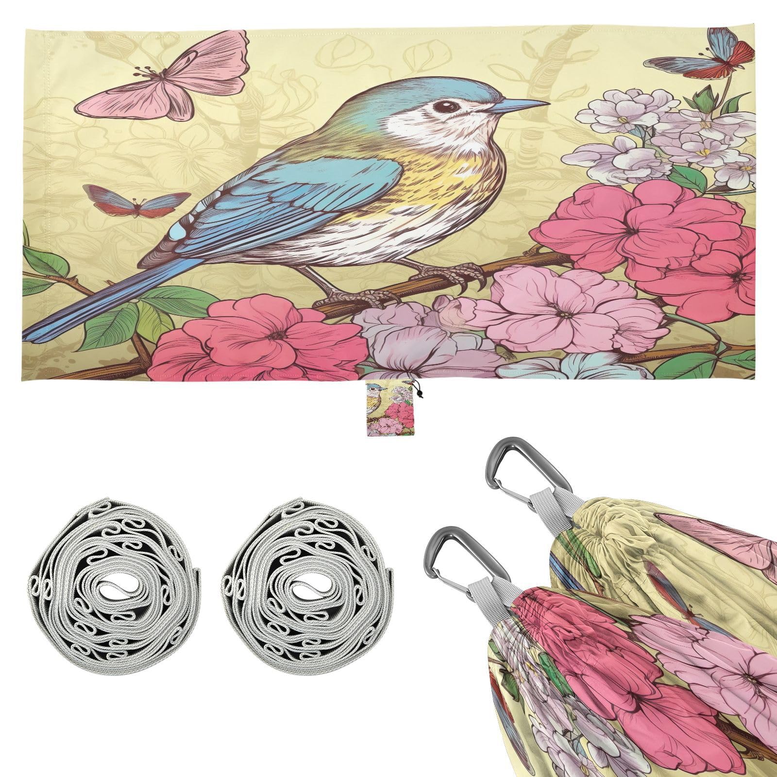 Haskirky Vintage Bird Camping Hammock, Single Portable Hammocks with Tree Straps & Attached Carry Bag, 330Lbs Capacity Perfect for Outside Indoor Hiking Beach Backpack Travel