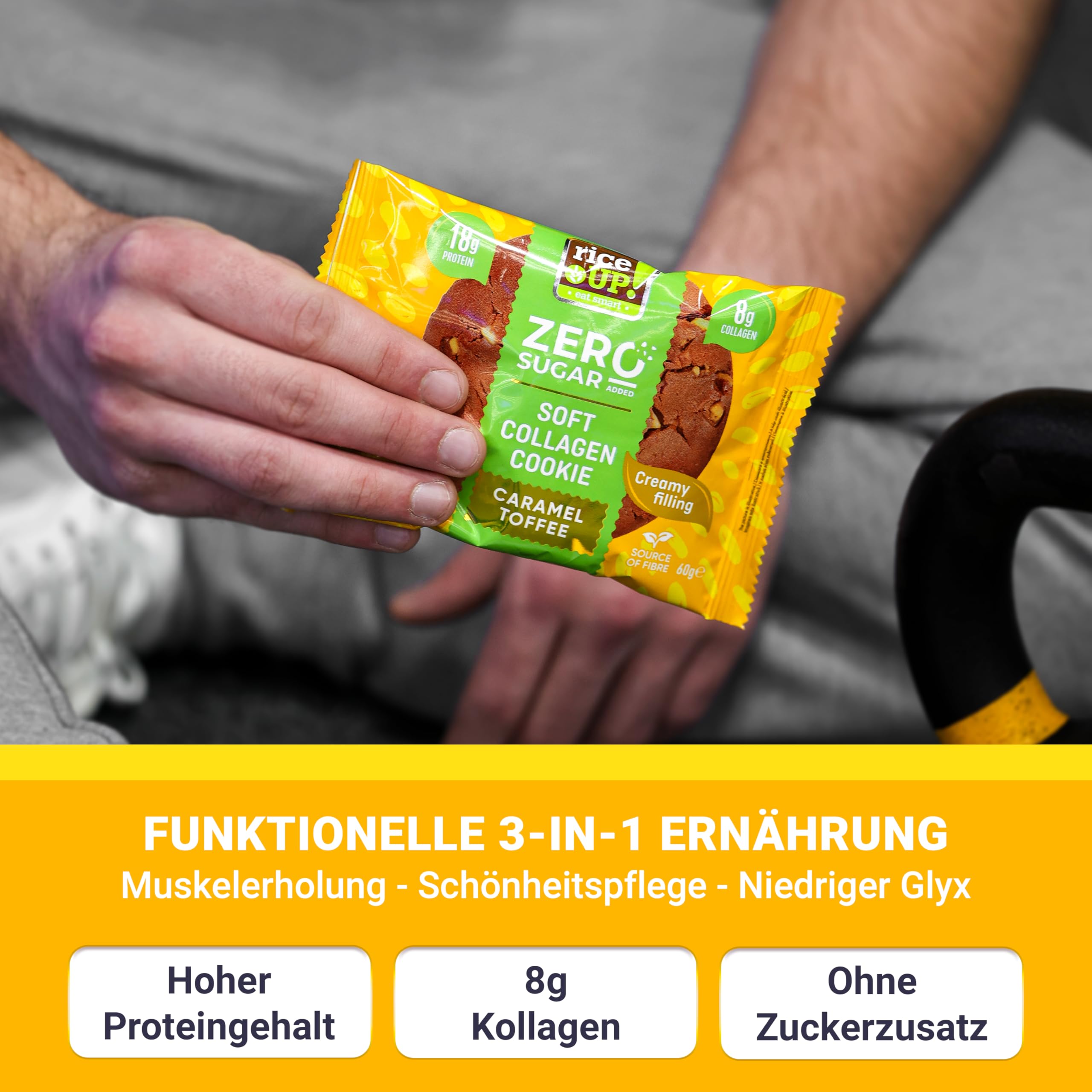 RiceUP! Eat Smart Weicher Protein Keks mit Kollagen – Toffee-Caramel-Geschmack, 10 x 60g | 8g Kollagen-Peptide (Typ I+III), 18g Protein, ohne Zuckerzusatz | GLUTENFREI (10 x 60g, Toffee)