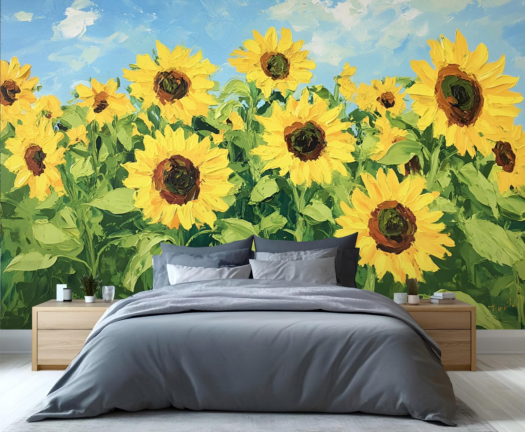 YXQAIED Sunflower Wallpaper, Country Floral Wallpaper for Living Room & Home Decor, Graffiti Floral Wallpapers for Bedroom, 3D Print Wall Mural (Not Peel and Stick)