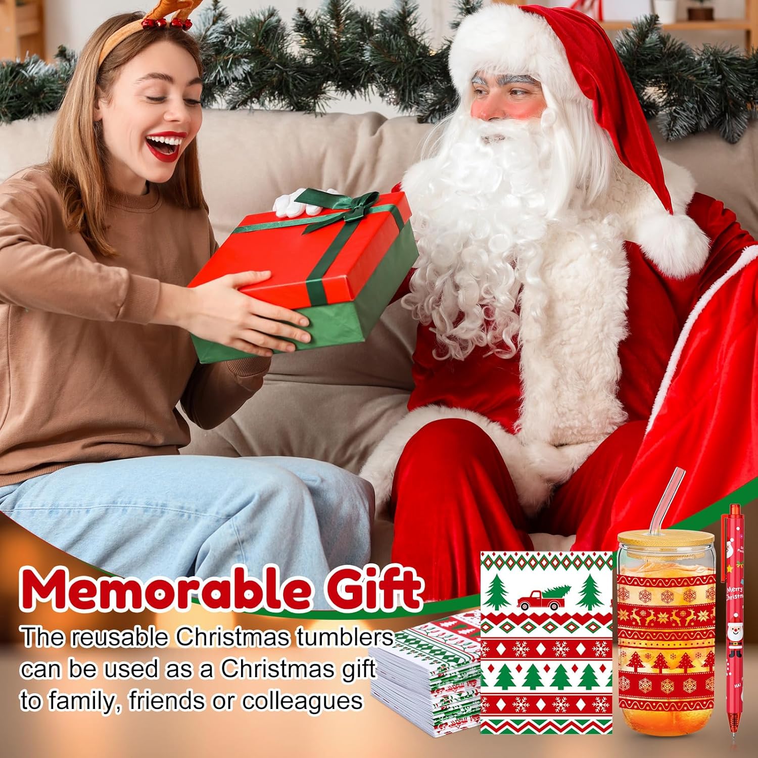 Skylety 12 Set Christmas Gifts Bulk 16 oz Red and Green Glass Cups with Lids Straws Xmas Notebook Sticky Note Pens for Employee Appreciation Women Students School Office Holiday Party Favors - Image 6