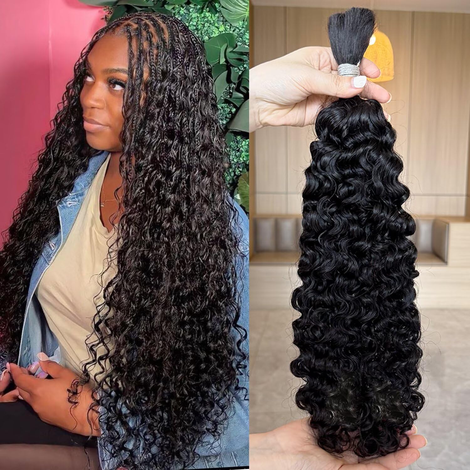 Lemoda 16Inch 1PC/Lot Burmese Curly Bulk Human Hair Extensions Boho Human Braiding Hair For Bohemian Knotless Braids Natural Black No Weft 100% Unprocessed Virg