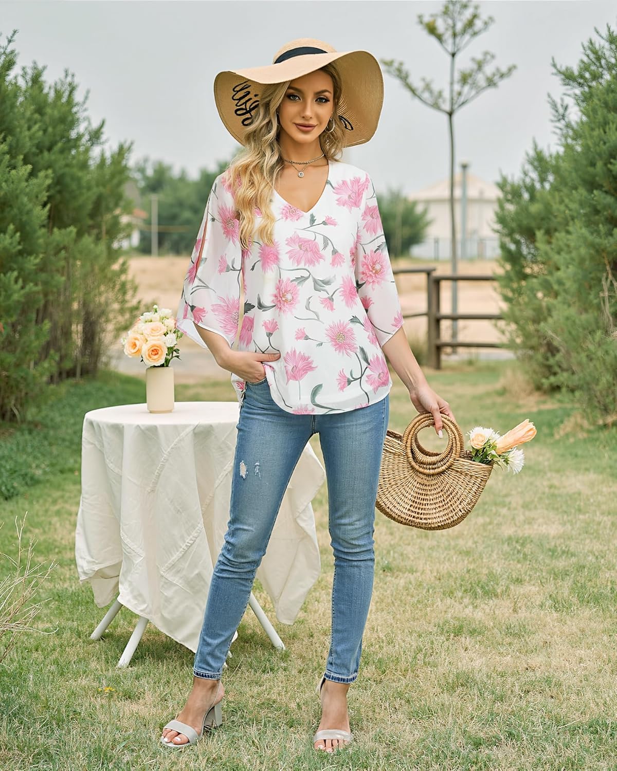 Bebonnie Womens Ruffle 3/4 Sleeve V Neck Double Layers Chiffon Blouses Dressy Tops - Image 3