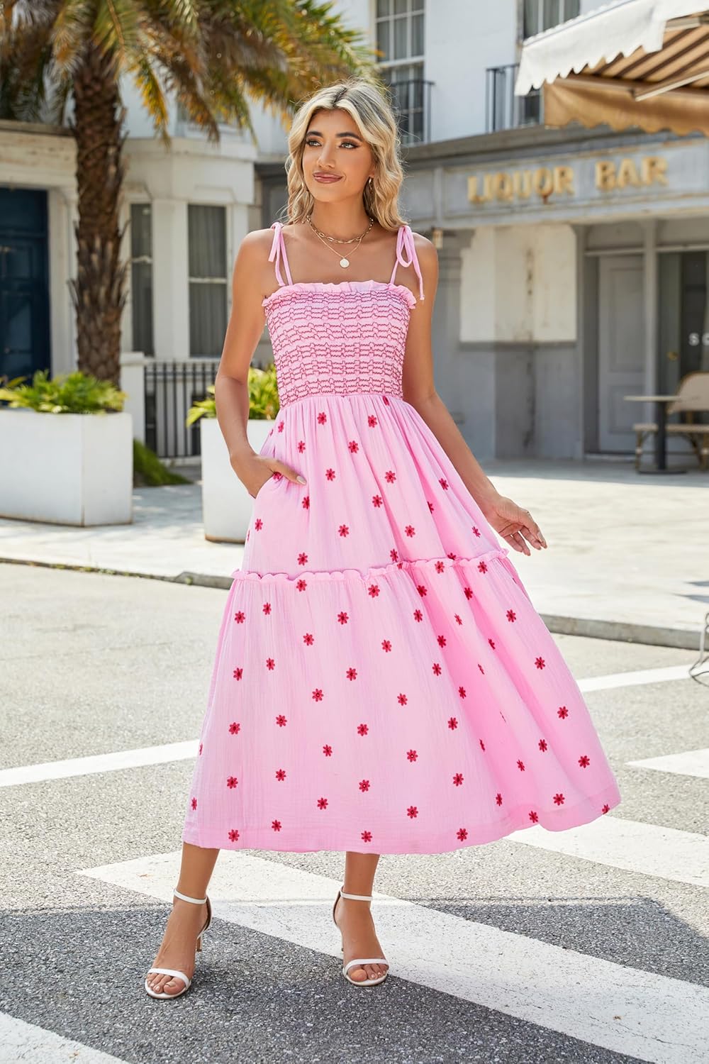 Women Floral Embroidered Maxi Dress Sleeveless Tie Shoulder Smocked Flowy Dress Boho Summer Sundresses with Pockets - Image 3