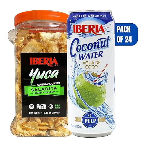 Iberia Chips de yucayuca, 8.8 onzas + agua de coco Iberia sin pulpa, 16.91 onzas líquidas (paquete de 24)