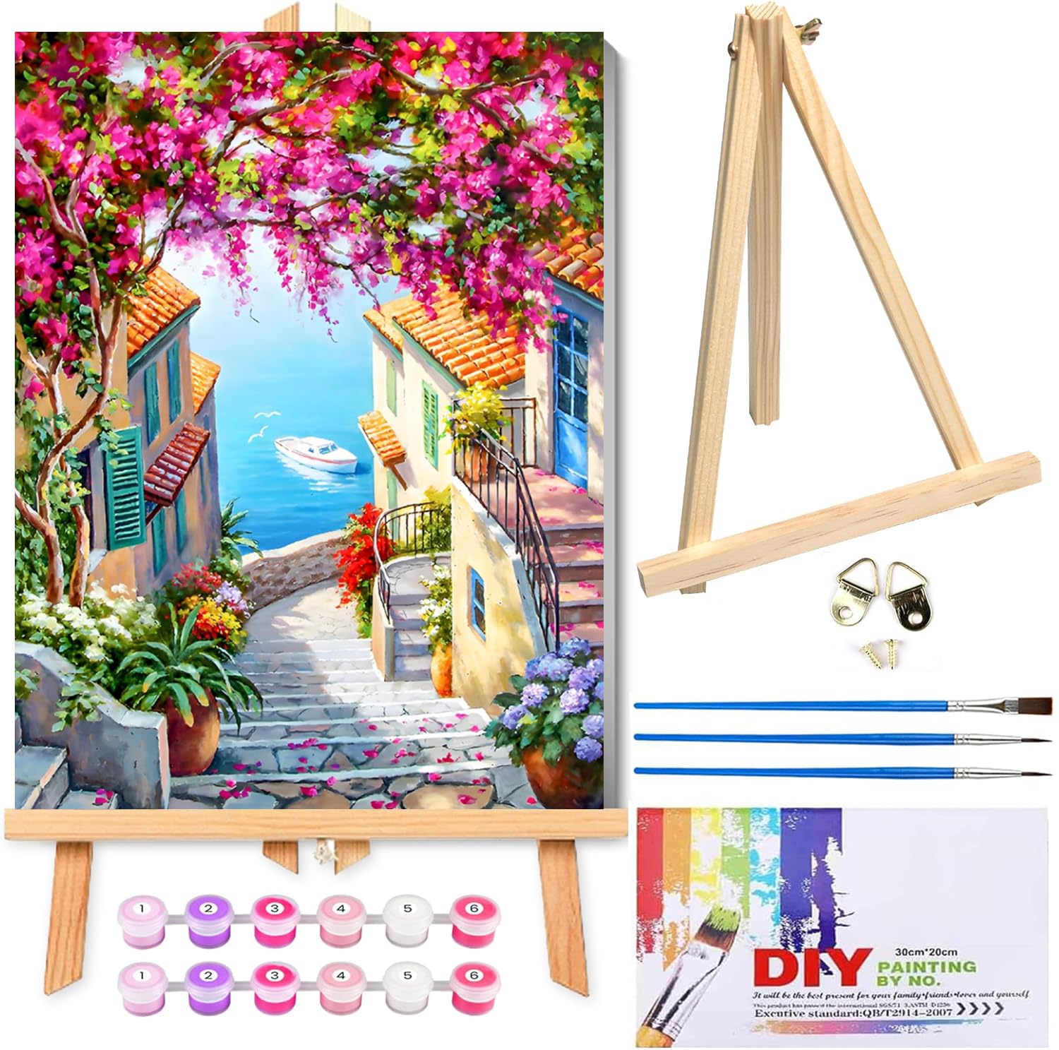Jakener Paint by Numbers for Adults with Frame,Painting by Numbers for Adults with Wooden Easel,Seaside Urban Landscape DIY Box Pack Paint by Numbers Kits for Home Wall Decor 12x16inch ﻿