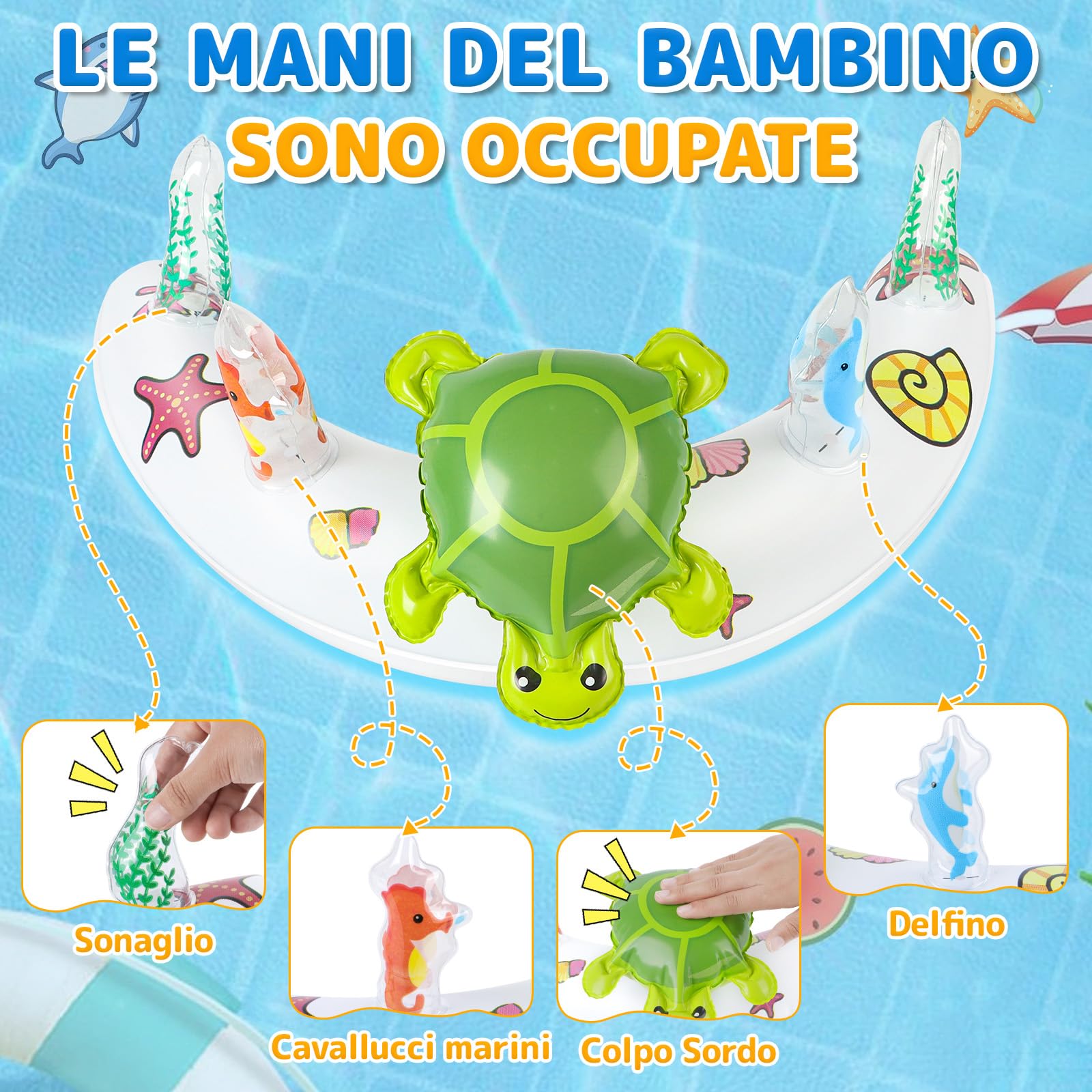 IEEILULU Salvagente Neonato, Ciambella Neonato Mare con Parasole Olare Rimovibile UPF50+, Salvagente Bambino con Giocattolo a Forma C Della Tartaruga e Adesivo Riparazione per Bambini da 6 a 36 Mesi