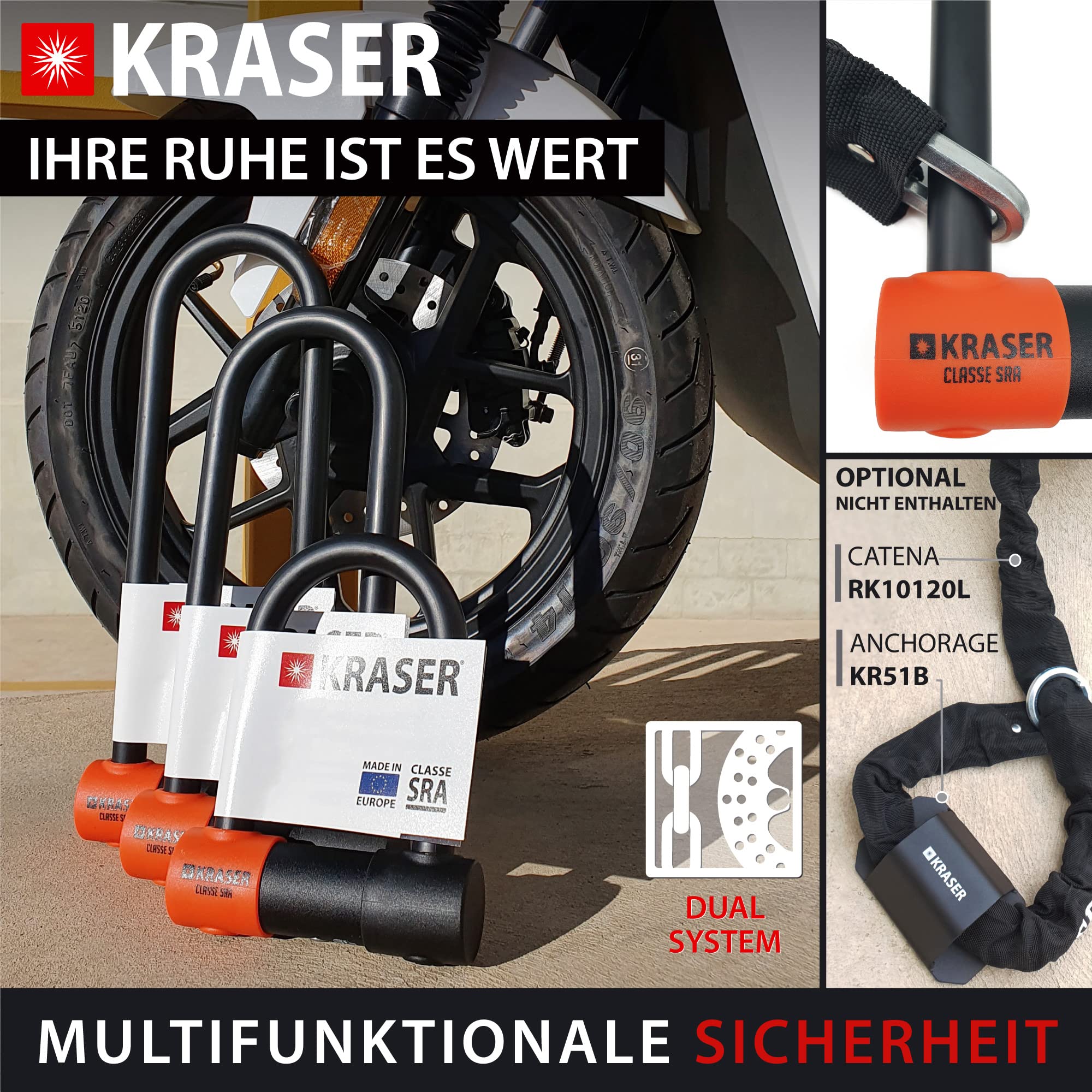 KRASER KR85L Anti-Diebstahl Motorrad Fahrradschloss Bügelschloss Vorhängeschloss U Homologiert SRA-Schloss Sicherheit Solides Schloss 85x300 Ø18 Diebstahlsicherung Motorräder Motorroller Fahrrad
