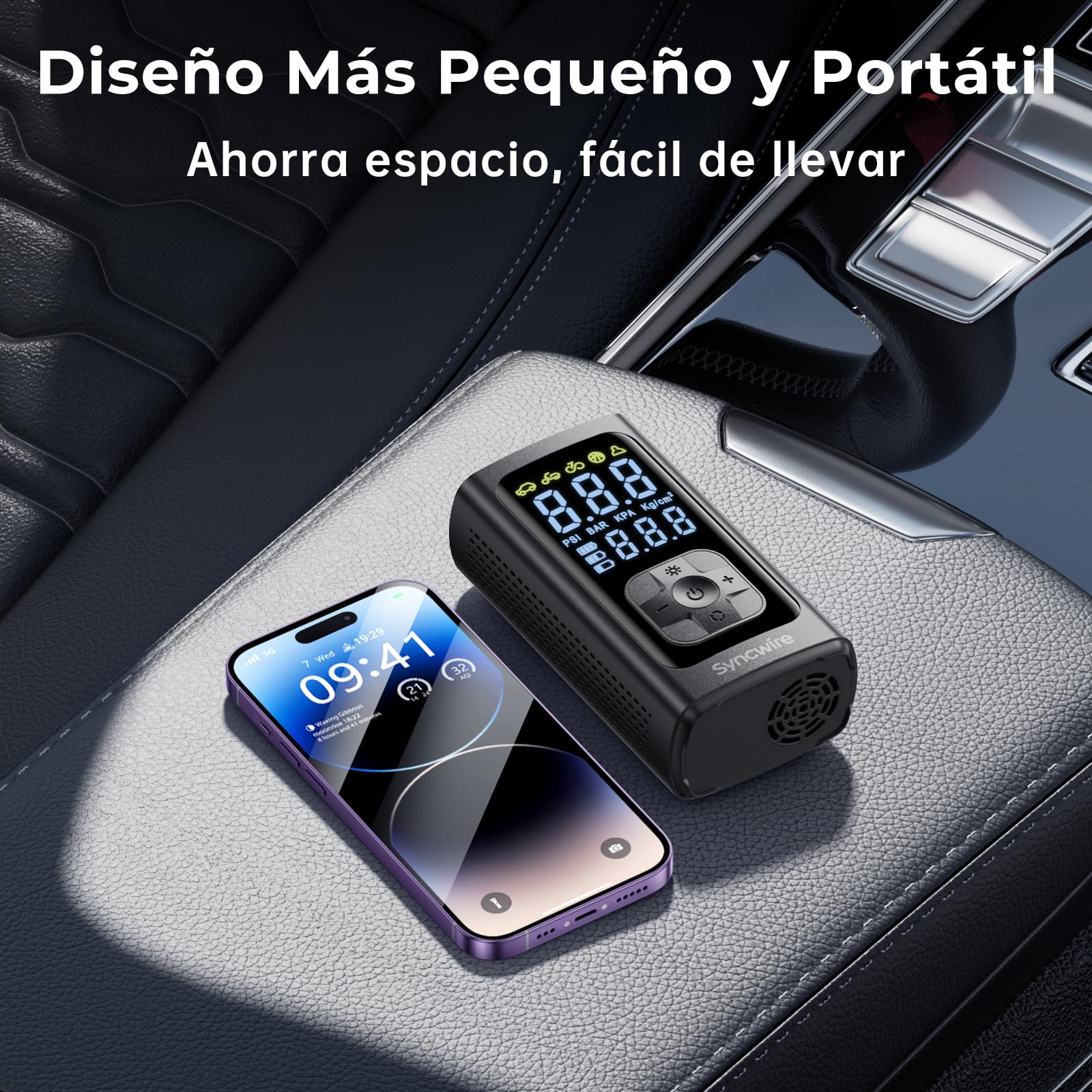Syncwire Compresor Aire Portatil - 10.35Bar máx Inflador Electrico Compresor Aire Inflación Más rápido Bomba Aire para Coche, Motos, Bicicletas, Pelotas, con Tapas de Válvula de Neumáticos, LCD Grande