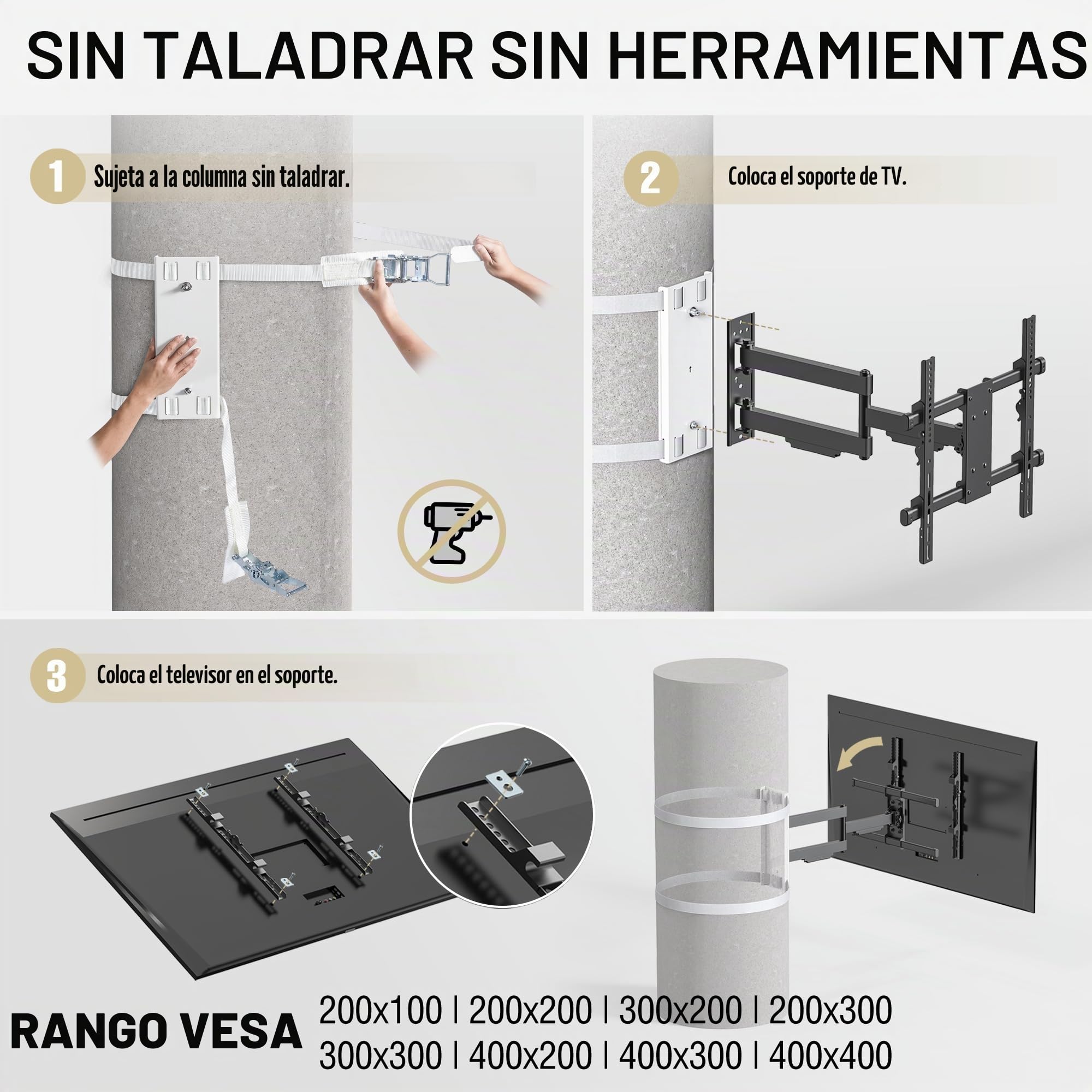 CondoMounts CLMTVA1044 - Soporte para TV de pilar grande de movimiento completo | Soporte de columna para TV | Soporte redondo y cuadrado para poste de TV | Sin taladro | Soporta 80 libras | Se adapta