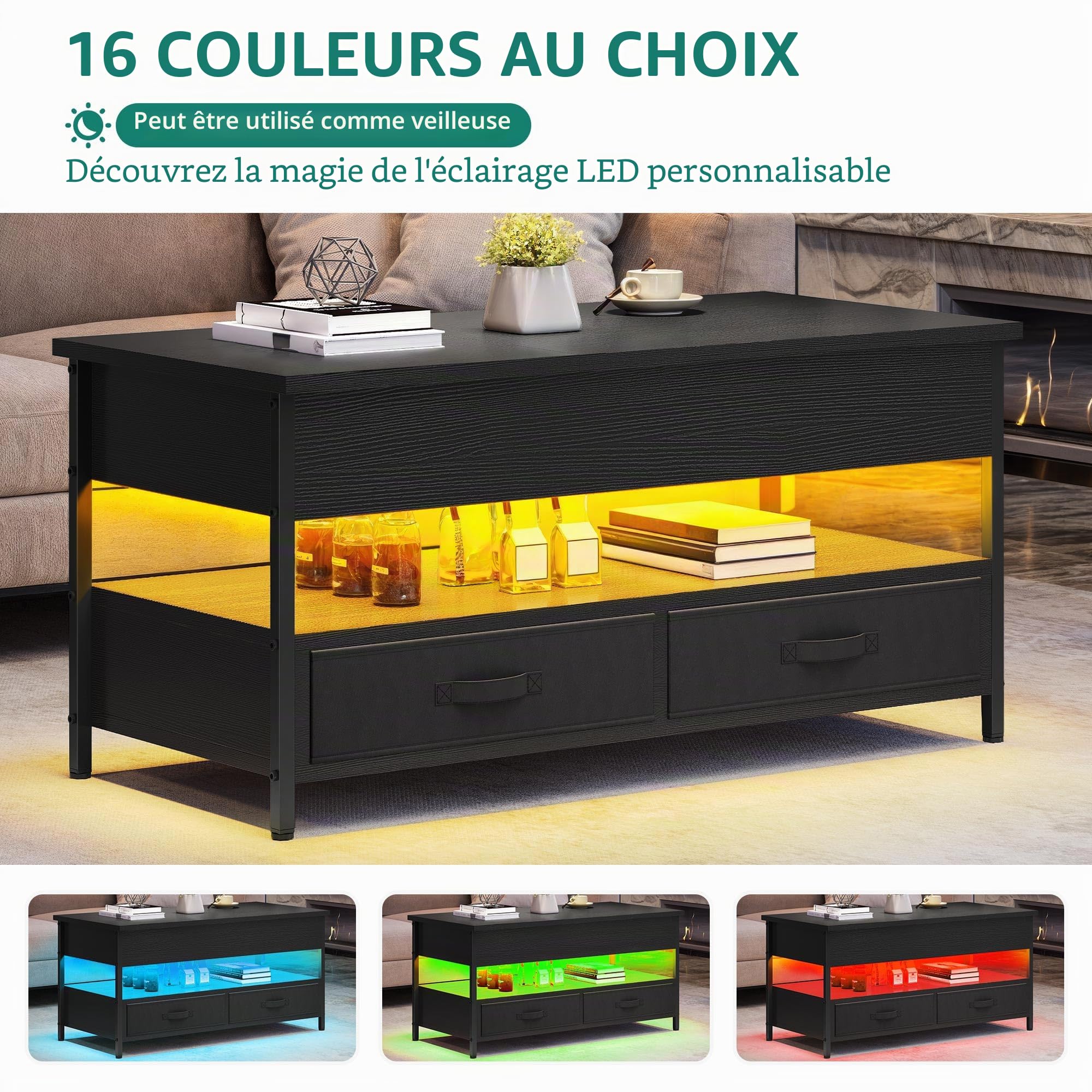 YITAHOME Table Basse Relevable, Table Basse Salon Noir avec Ruban LED RGB et 2 Tiroirs, 106 x50x51,5cm, avec Plateau élévateur et Rangement Caché, Idéal pour Le Salon
