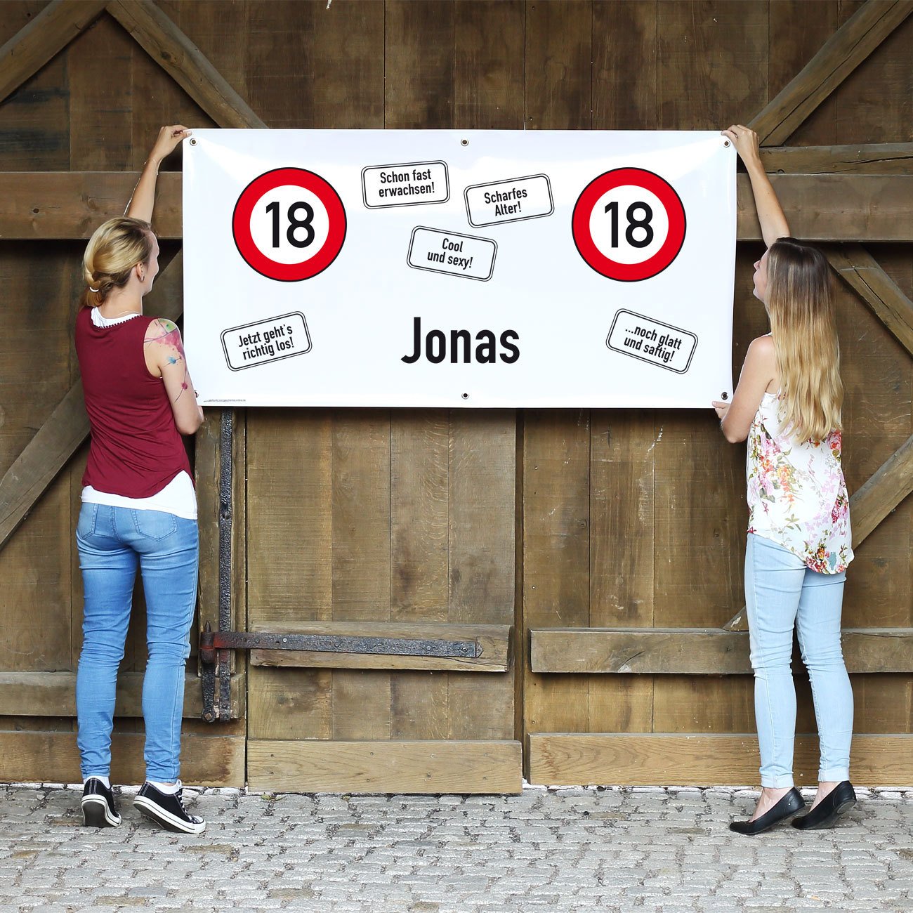 Cera & Toys® Verkehrszeichen Riesen Banner zum Geburtstag mit Wunschnamen 0,80 m x 1,60 m (18. Geburtstag)