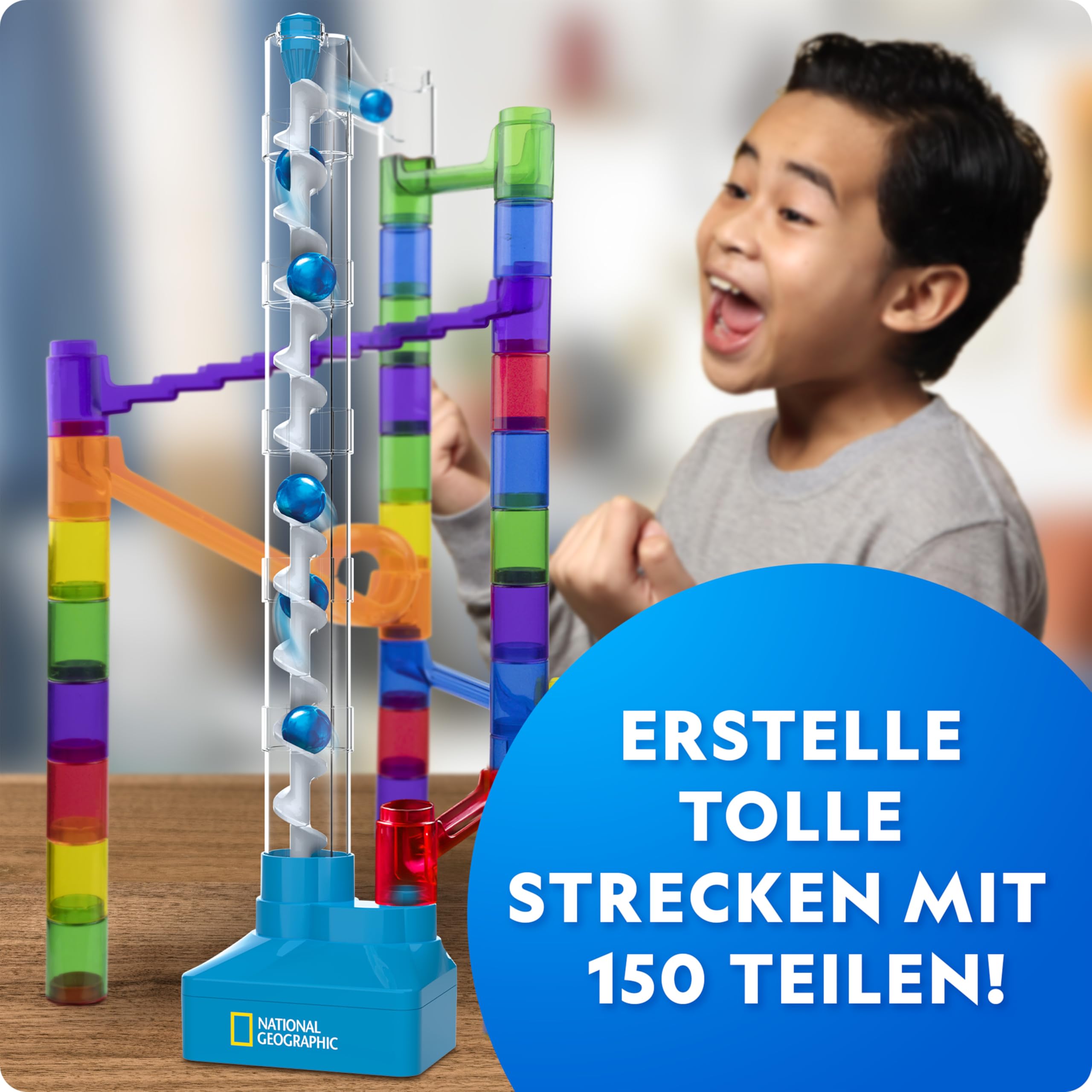 Blue Marble NATIONAL Geographic Murmelbahn mit Motoraufzug – 150-teiliges Set mit motorisierter Spirale, 30 Glasmurmeln, Aufbewahrungstasche & Zubehör, Endlosschleifen-Spiel, Mint-Bausatz für Kinder