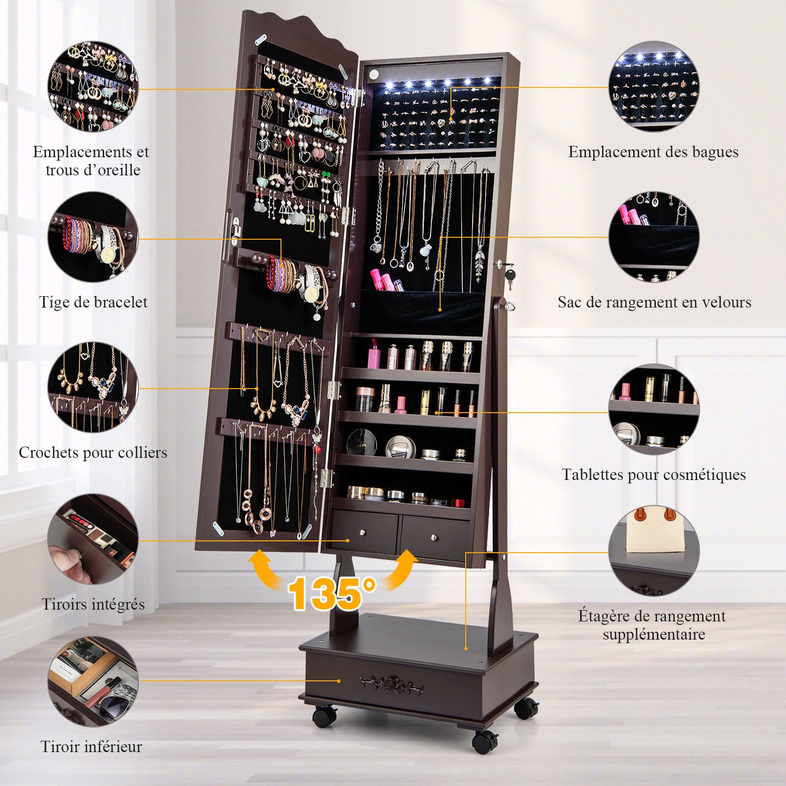 GOPLUS Armoire à Bijoux à Roulettes, Armoire a Bijoux avec Miroir sur Pied avec Lumières LED, 3 Angles Réglables, Organisateur de Bijoux Verrouillable avec Grand Espace de Rangement (Marron)