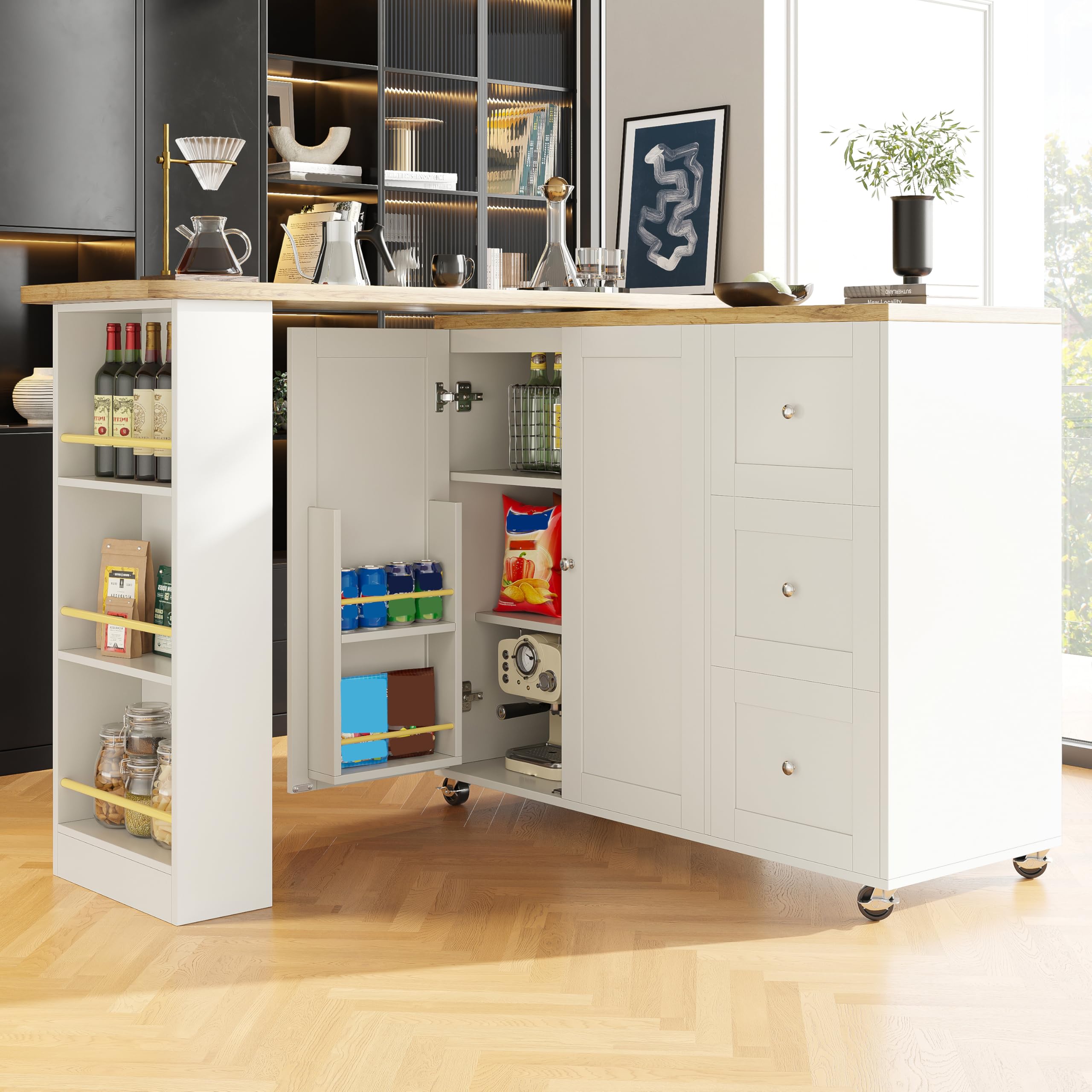 Mesa alta giratoria de 360° con ruedas y espacio de almacenamiento, mesa de bar moderna con tres cajones, estantería para aperitivos y estantes, isla de almacenamiento multifuncional para cocina y