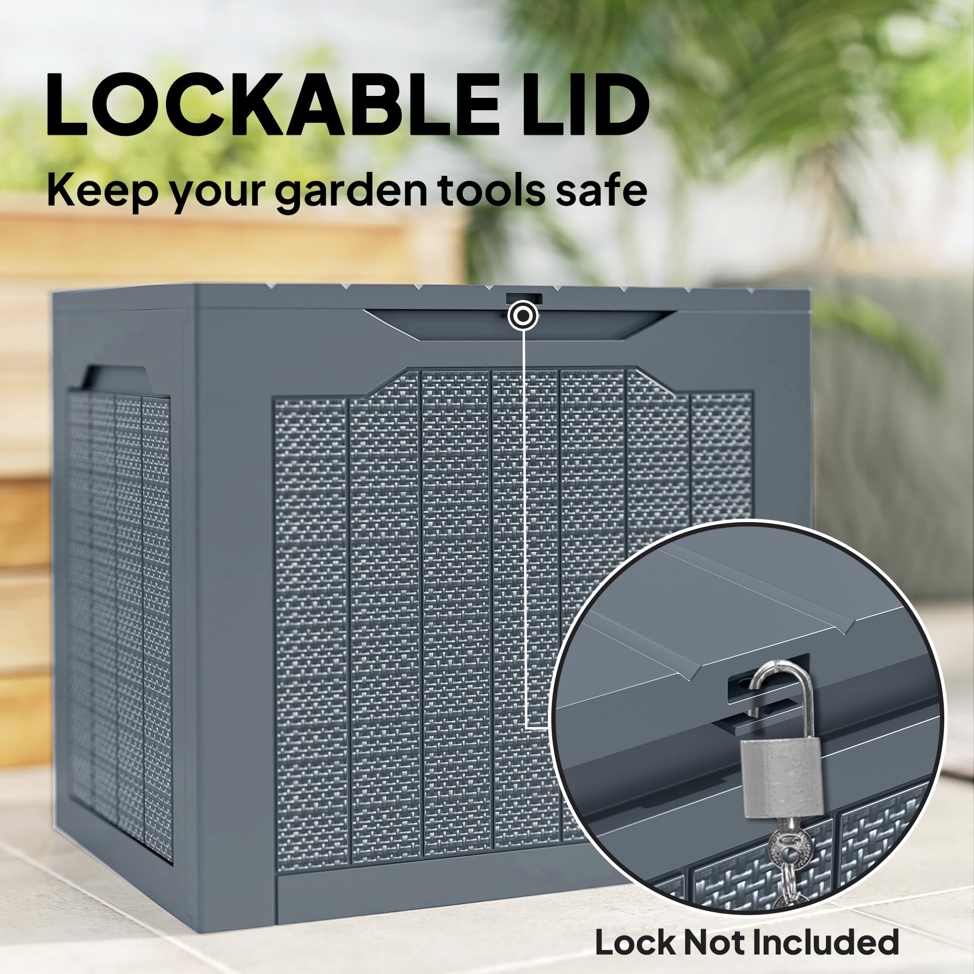 Outsunny 93L Plastic Garden Storage Box, Outdoor Storage Box with Handles, Waterproof Outdoor Storage Container for Garden Tools and Accessories, Light Grey — view 5