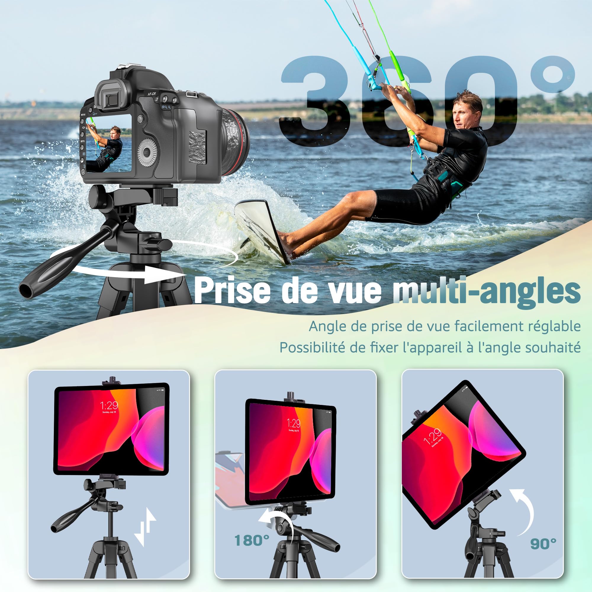 Trépied de Téléphone de 152,4 cm avec Support de Trépied 2 en 1, Support pour Téléphone Portable/Tablette/Webcam/Gopro/Toutes Les Caméras, avec Sac de Transport pour la Photographie/Vidéo