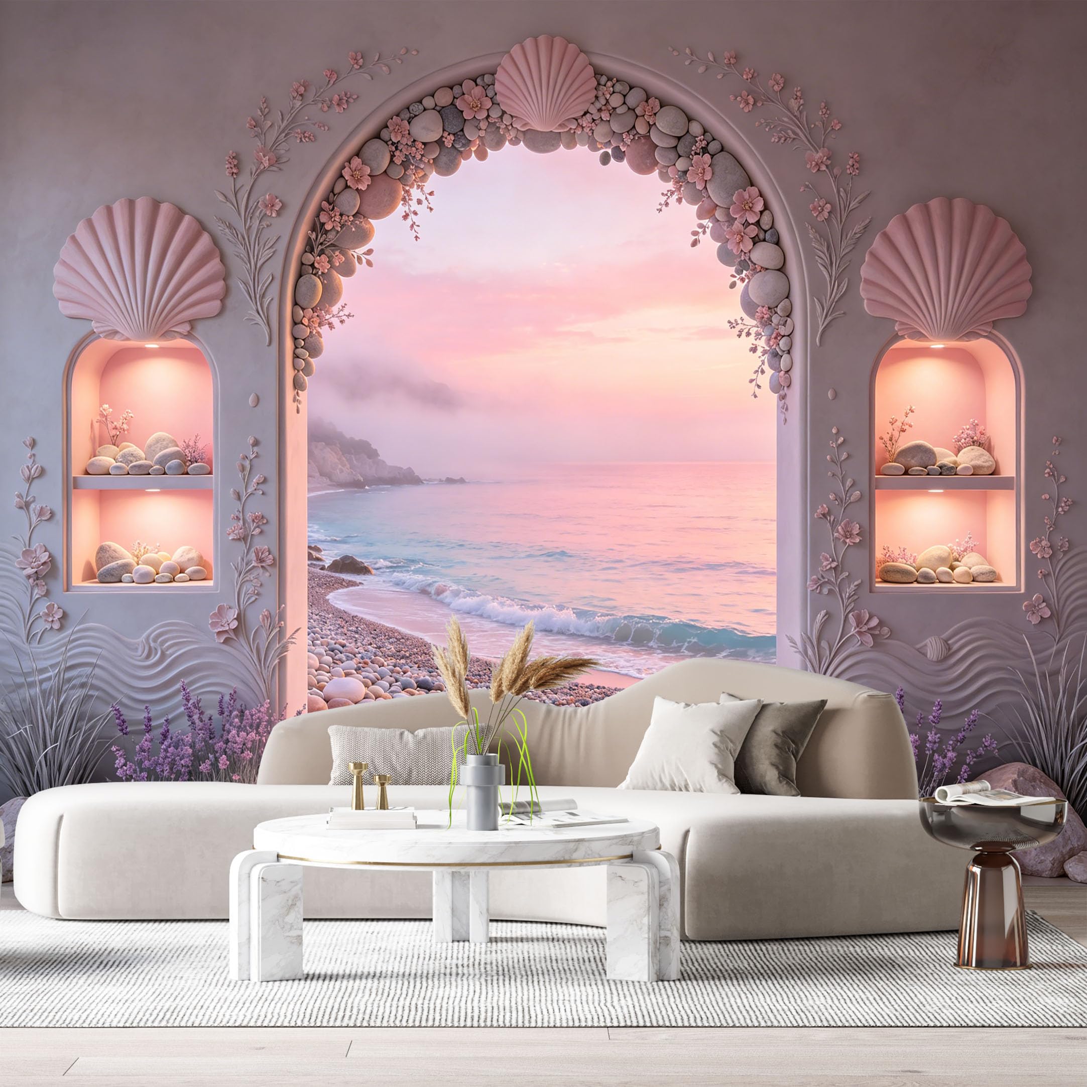 Custom Size Wall Murals Coastal Landscape Seashells Vines 3D Trompe L'Oeil SelfAdhesiveWall Fabric Removable Wallpaper Wall Decor for Living Room Bedroom Bathroom