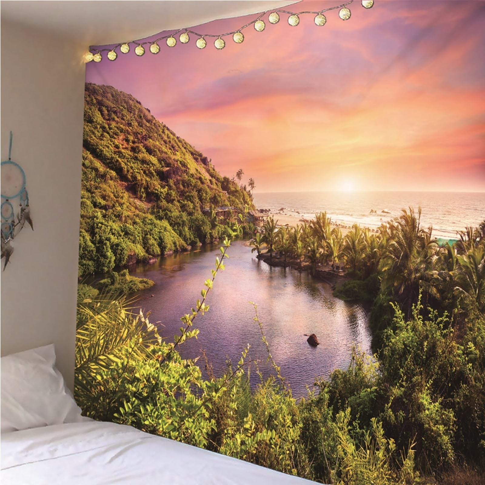 Lieson Arazzo Decorativo, Arazzi da Parete Moderni 260x240CM Alberi Oceano Al Tramonto Tappeti Parete Camera Letto Per Decorazione Della Casa, Verde Viola