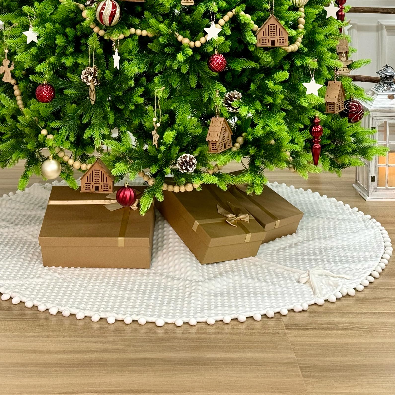 60-Inch Snowy White Christmas Tree Skirt with Fluffy Pom-Poms and Elegant Lace Ties