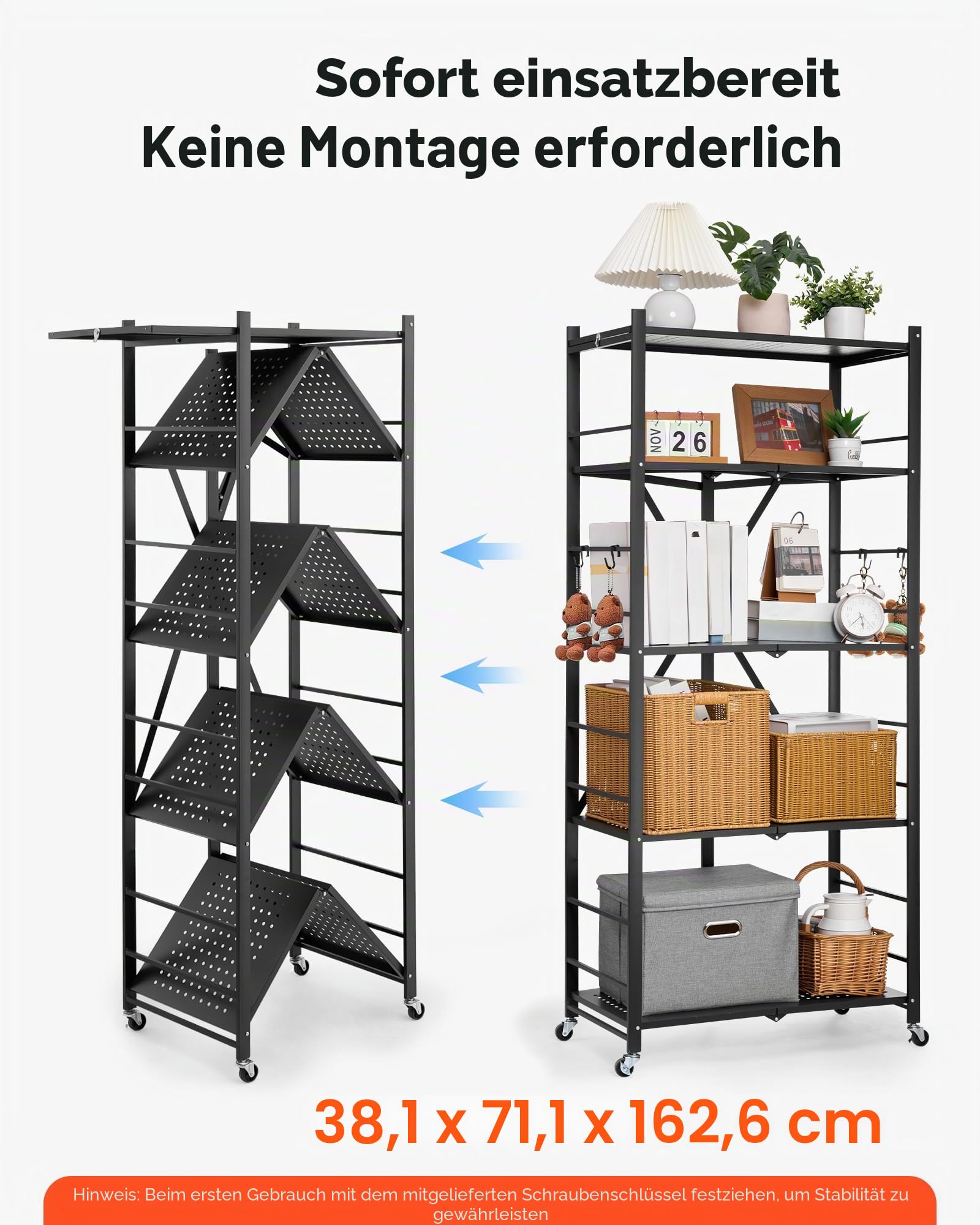 VEVOR 5 Etagen, Klappbare Regale mit Rädern, 38x71x163 cm, Faltbares Schwerlastregal, montagefreies Standregal, Haushaltsregal, Küchenregal, Metallregal für Garage, Küche, Keller, schwarz
