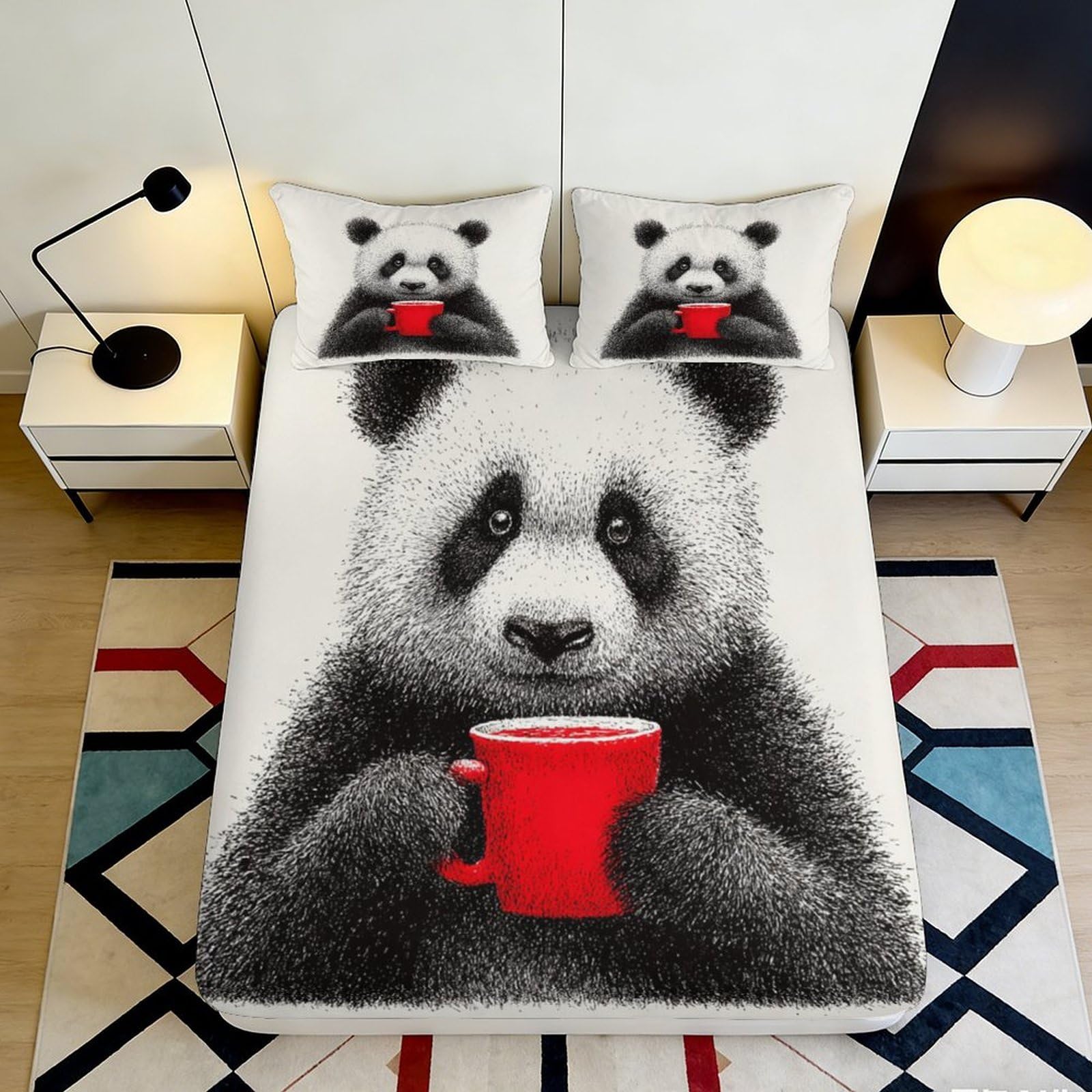 3D Printed Panda Bear Fitted Sheet Microfiber Soft Durable Red Cup Bed Cover for Bedroom Dormitory Guest Room Mattress Protection Decor 120x200x25cm