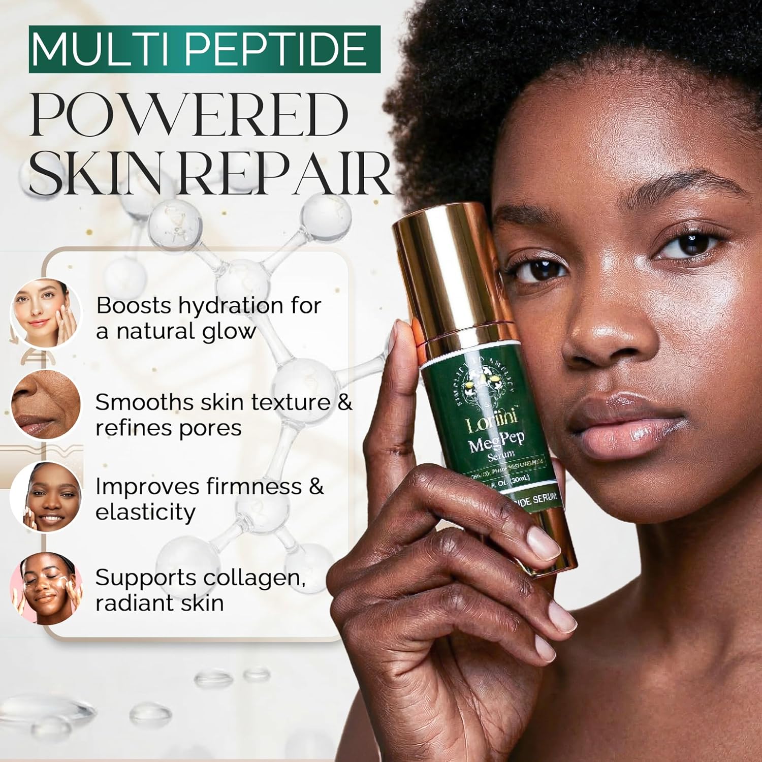 Loriini™ MegPep Multi-Peptide Face Serum – Hydration, Hyaluronic Acid Serum with Ceramides, Gold, Glow & Skin Repair, Fine Lines, Firming, Plumping, Smooth Skin, All Skin Type, Paraben-Free - 1 Fl Oz