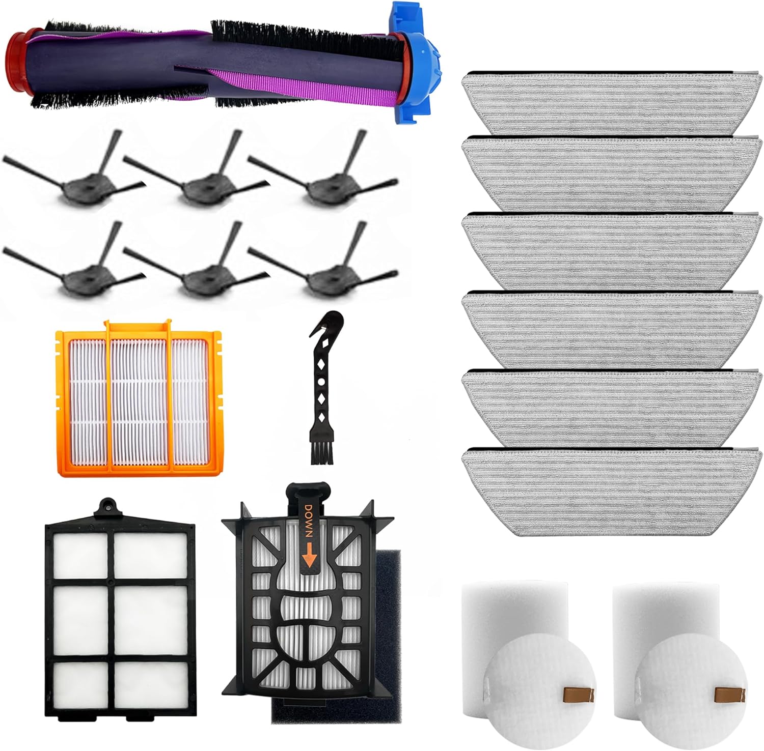 CLEANXIOR 19 Pcs Replacement Part for Shark RV2920XE Robot Vacuum Cleaner.1 Brushroll, 2 filter cotton, 1 Black filter, 1 Orange filter, 1 filter Mesh, 6 Mop Pads, 6 Side Brushes, 1 Cleaning Brush.