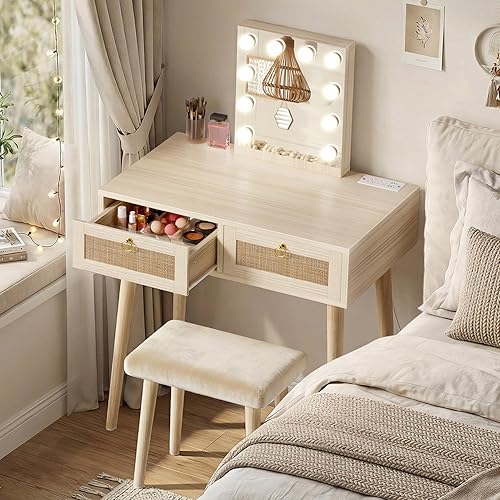 BOLUO - Mesa de tocador de maquillaje con espejo de Hollywood y luces, juego de tocador bohemio para niñas con taburete, mesa de tocador con cajones