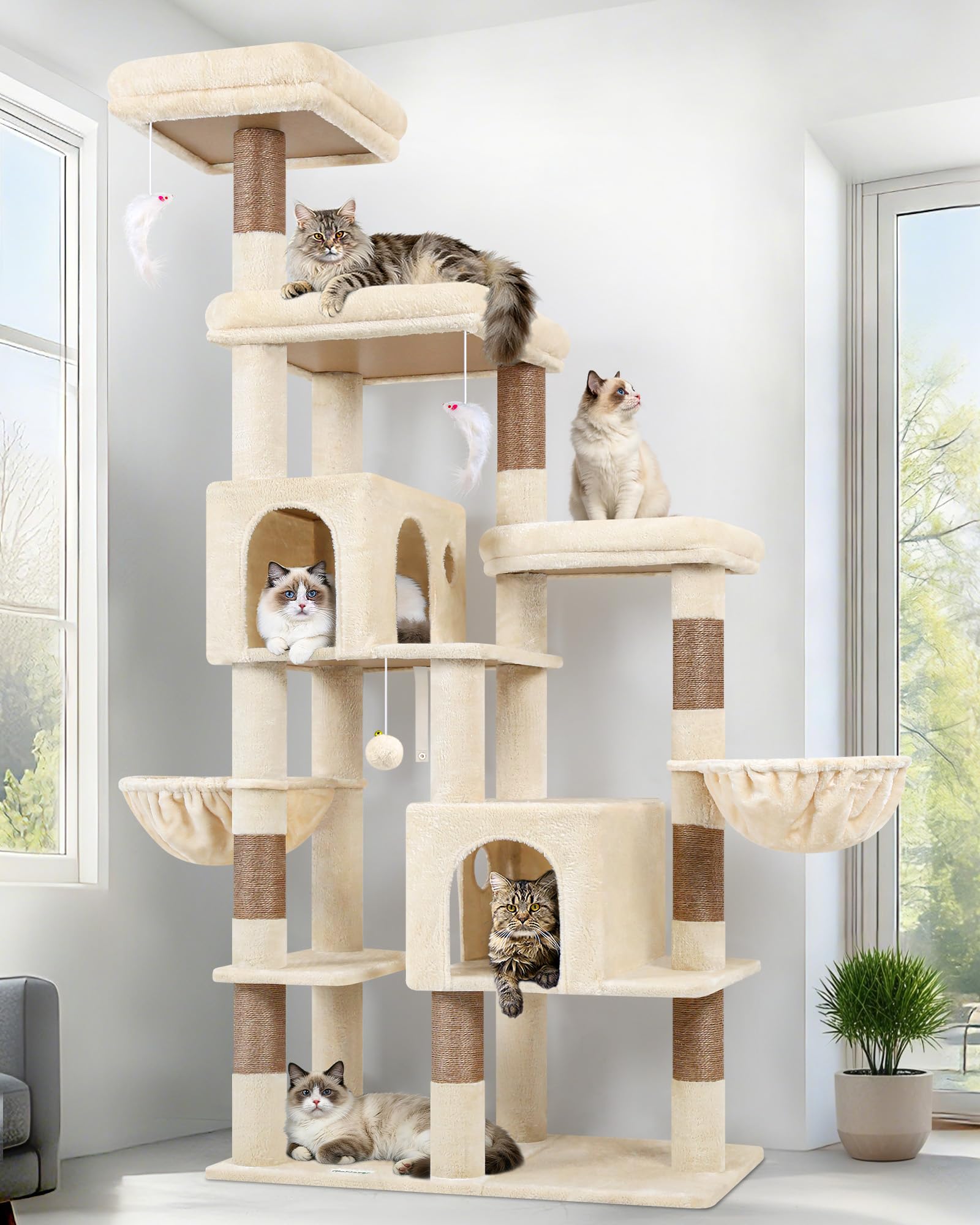 Globlazer Árbol Rascador para Gatos Grande Beige 189 cm Alto con 2 Nidos Grandes 45*30CM, 3 Plataforma Acolchada, 2 Cesta, Juguetes de Peluche, Estable Rascador para 3-5 Gatos Interior (F74F, Beige)