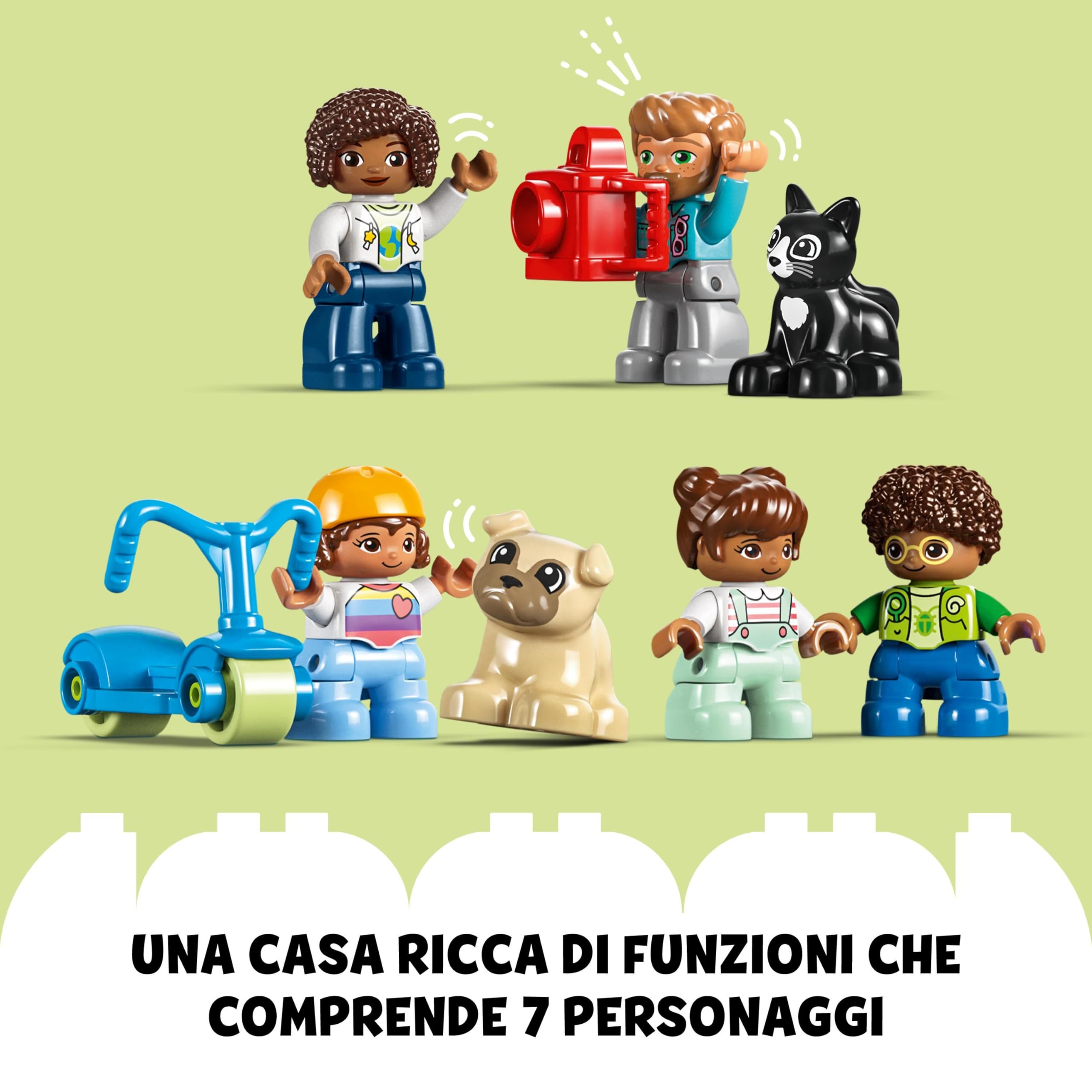 LEGO 10994 DUPLO Casetta 3 in 1, Casa delle Bambole in Mattoncini con Auto Push-and-Go, Giochi per Bambini e Bambine dai 3 Anni in su con 5 Figure, 2 Animali e Lampada Luminosa