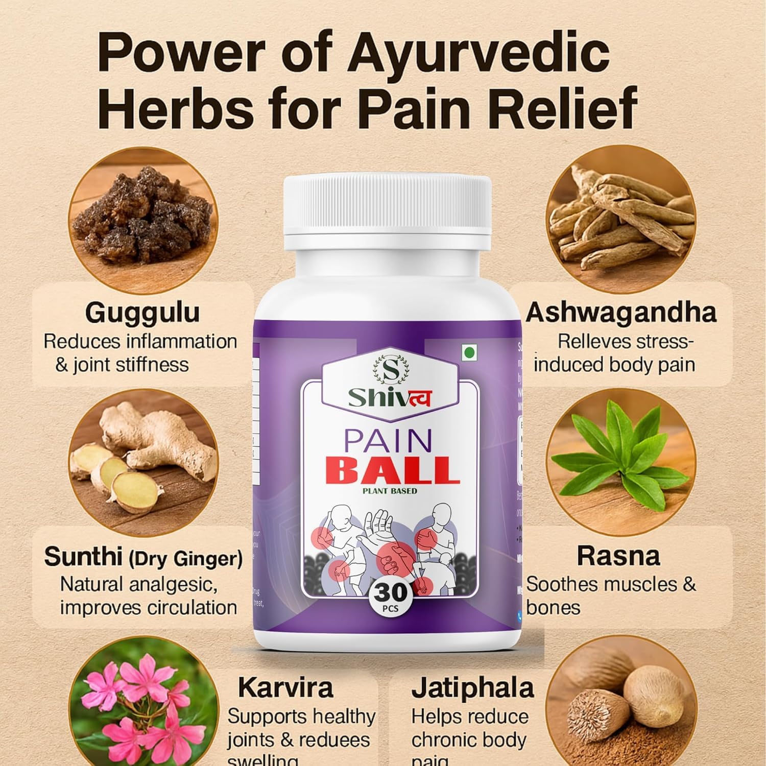 Shivtv Pain Ball Plant Based Tablets for Joint, Muscle and Back Pain Relief, 30 Tablets 1