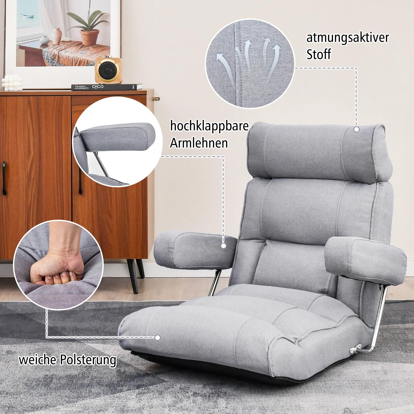 COSTWAY Bodenstuhl, klappbares Bondensofa mit Verstellbarer Rückenlehne, Kopfstütze, Lendenstütze, und hochklappbaren Armlehnen, Bodensessel, Relaxsessel zum Meditation, Lesen, Gaming (Grau)