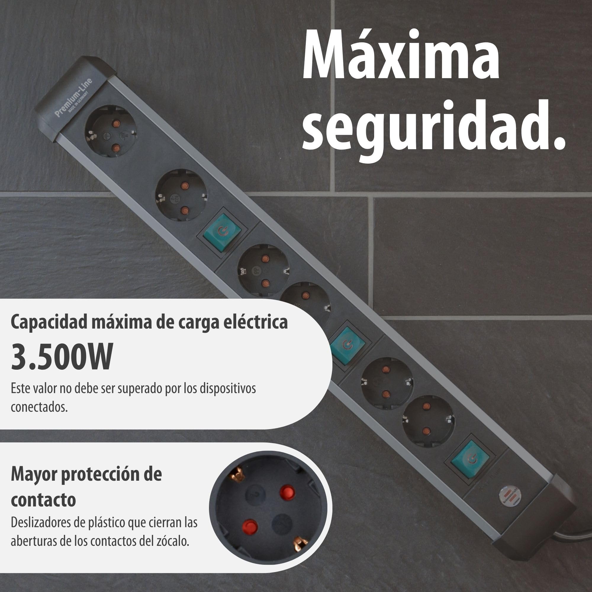 Brennenstuhl Premium-ALU-Line regleta enchufes con 6 Tomas/regleta de Aluminio con 3 interruptores Individuales (Cable de 3 m, 3X Interruptor Iluminado, Fabricado en Alemania)