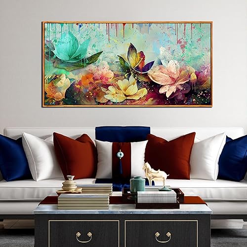 Miniatura 3 de Arte de pared de flores para sala de estar, lienzo floral enmarcado para dormitorio, pintura de impresión de loto de acuarela, tamaño 40 x 20