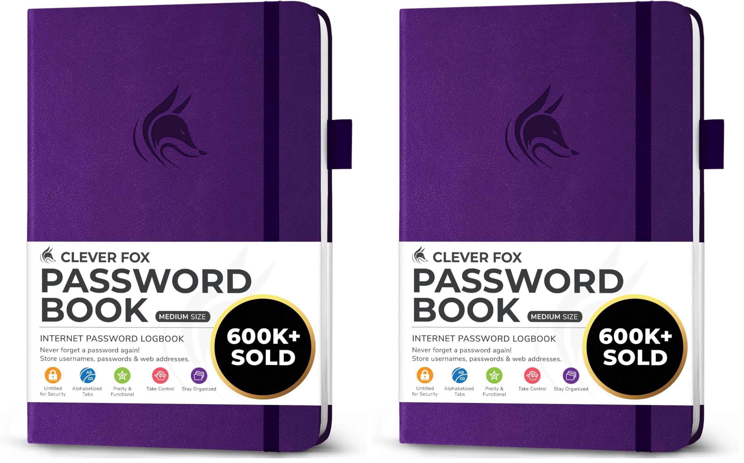 Clever Fox Password Book with alphabetical tabs. Internet Address Organizer Logbook. Medium Password Keeper for Website Logins (Purple) (Pack of 2)