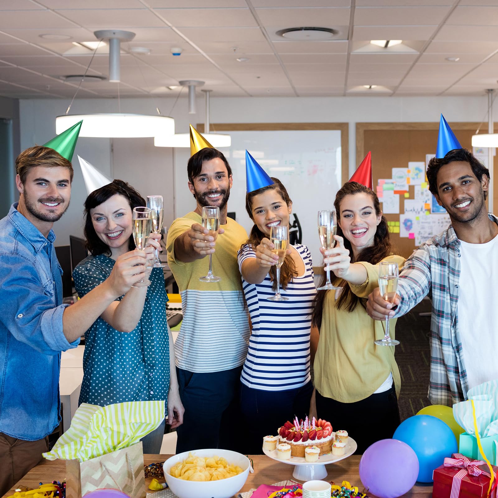 200 Pcs Birthday Party Hats Metallic Cone Bulk Multicolor Paper Hat with Elastic String for Youth Adults Pets, Gold, Silver, Red, Blue and Green