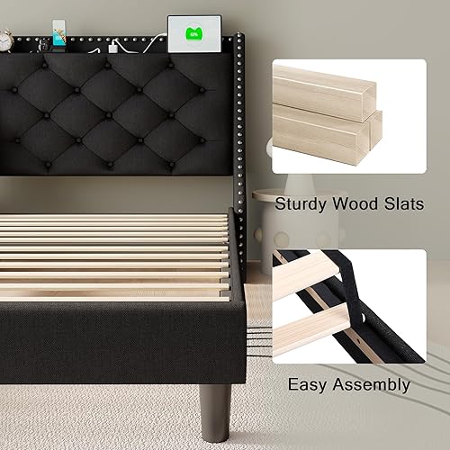 Miniatura 87 de Base de cama tamaño Queen con cabecero de almacenamiento capitoné con botones en la parte trasera y puertos tipo CA, plataforma tapizada, soporte de