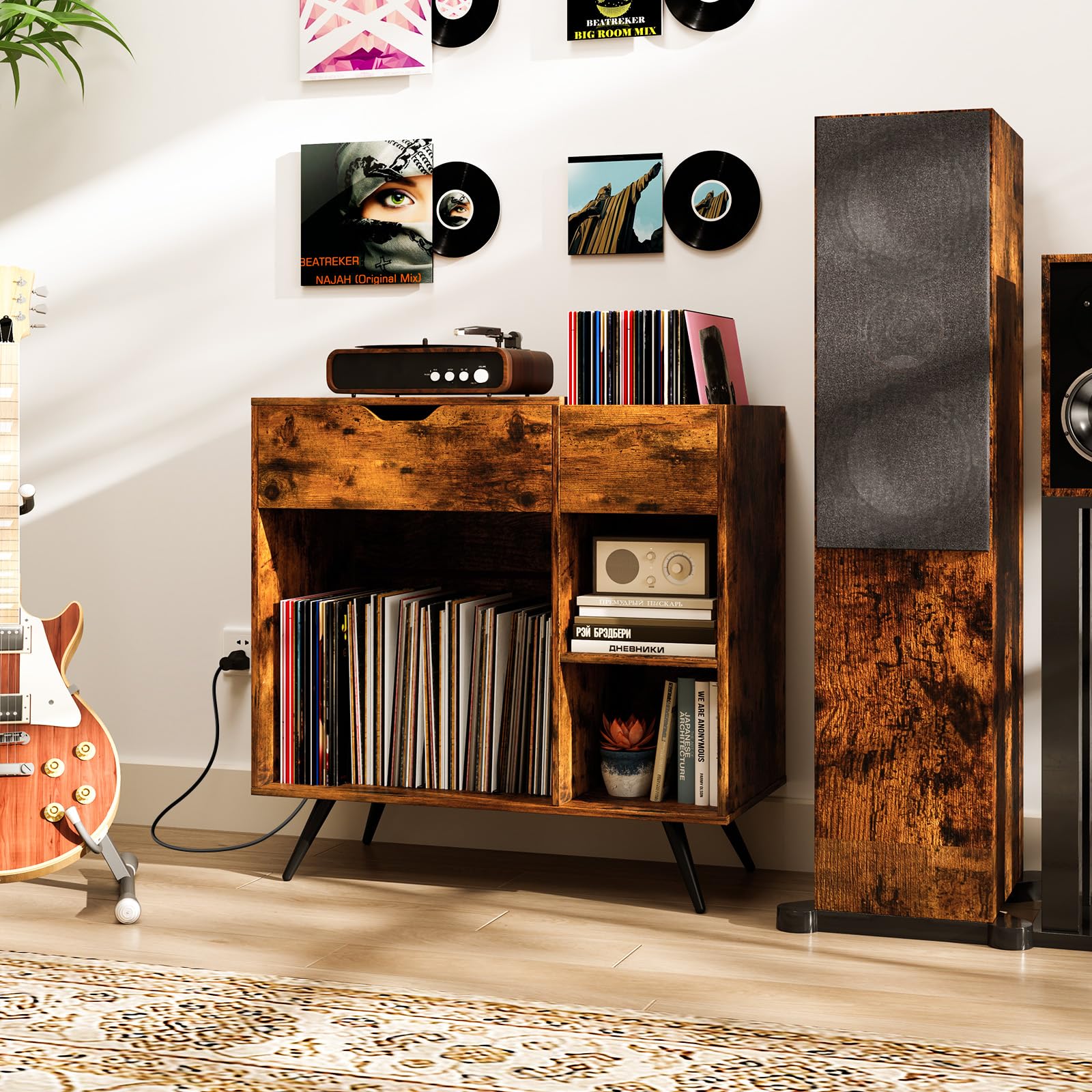 KOMFOTTEU Supporto per Giradischi in Vinile con Stazione di Ricarica, 4 Scomparti Aperti, Cassetto, Mobile per Giradischi 80x40x79cm, Espositore per Dischi per Ufficio, Soggiorno, Potato 80kg, Marrone