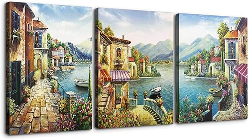 Denozer Lienzo decorativo para pared, lienzo de ciudad europea, 3 piezas, arte de pared con flores costeras, pintura de reproducción para oficina,