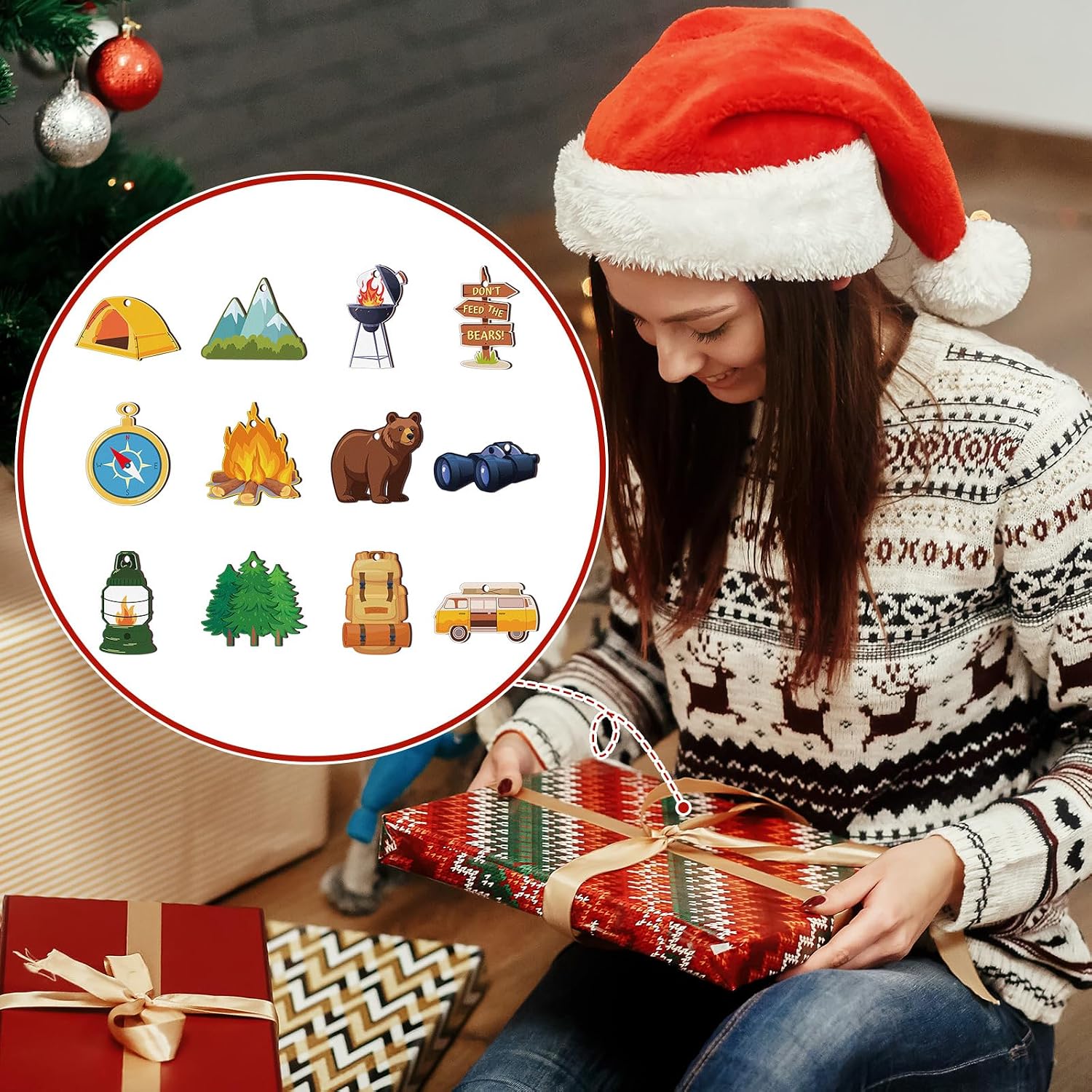 Barydat 24 Pcs Camping Ornaments for Christmas Tree, Wooden Travel Decorative Tent Camp Hanging Ornaments for Xmas Tree Travel Gifts