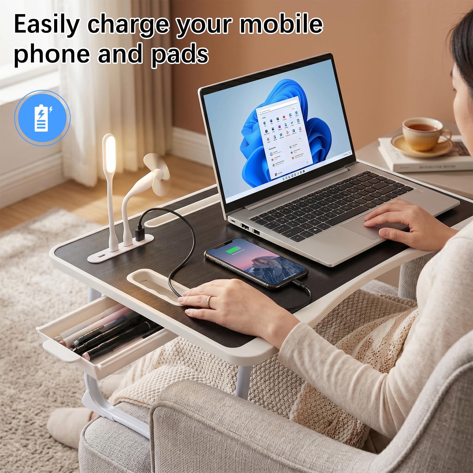 Mesa de cama para laptop, mesa de cama plegable portátil con puertos USB, cajón lateral, tarjeta de escritorio y asa, bandeja portátil para comer, trabajar, estudiar y leer