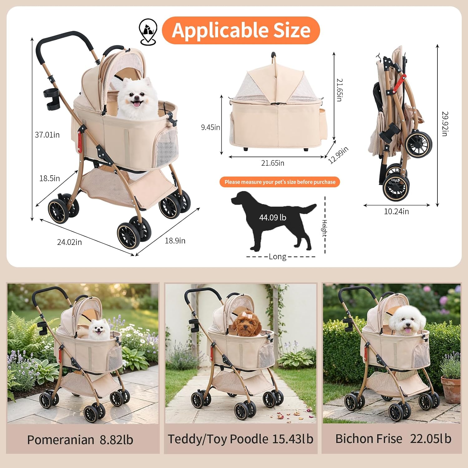 MILA&LOUIS Dog Stroller, 22" Pet Cradle for Small Dog, Pet Stroller with 4 Pu Wheels, 10Lbs Ultra-Light Dog&Cat Stroller for Small Pets, Max 22Lbs Capacity Detachable & Foldable Design with Cup Holder