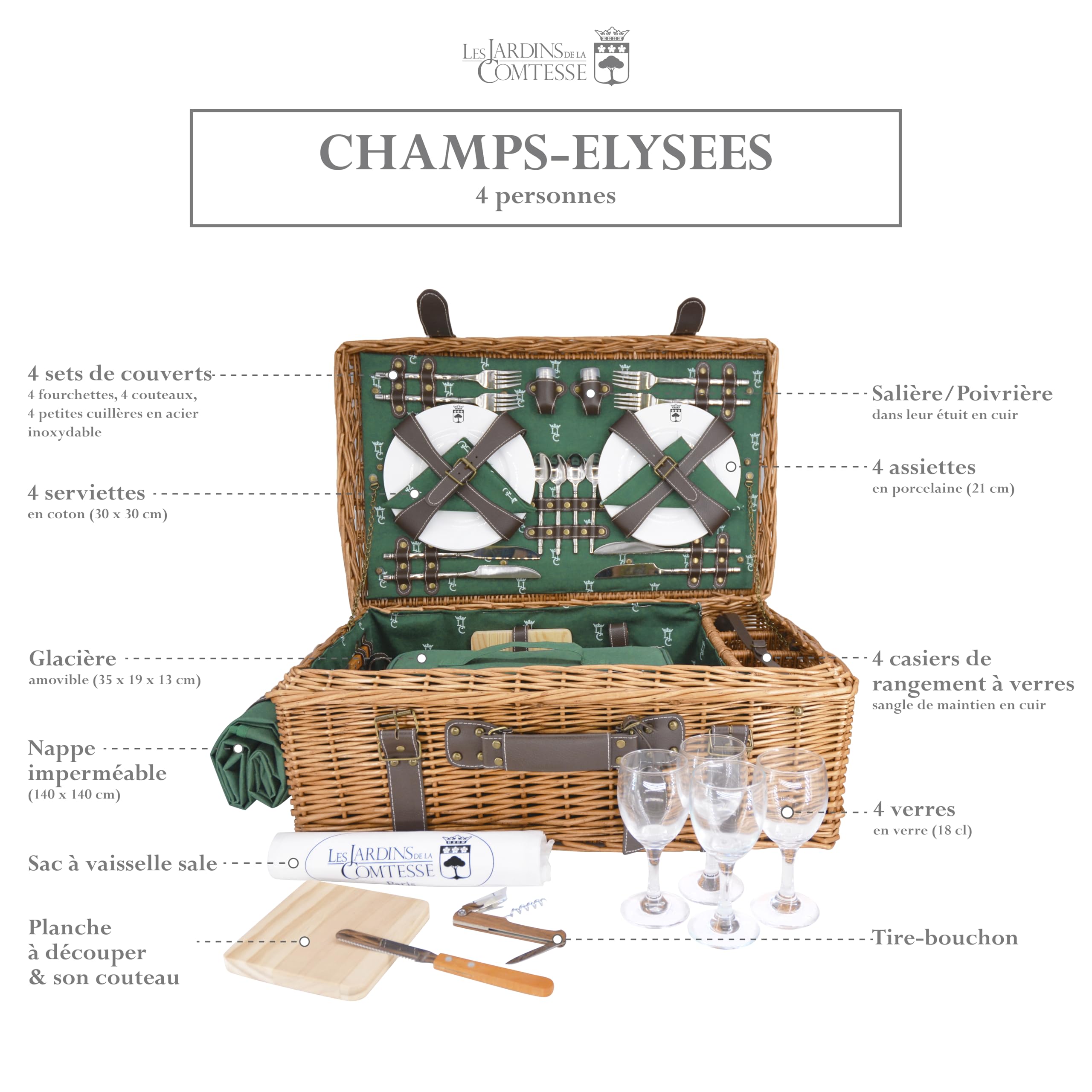Les Jardins de la Comtesse - Baule da picnic in pelle - Prestige Champs Elysée per 4 persone, completo con su scompartimento isotermico - dimensioni: 57x37x23cm