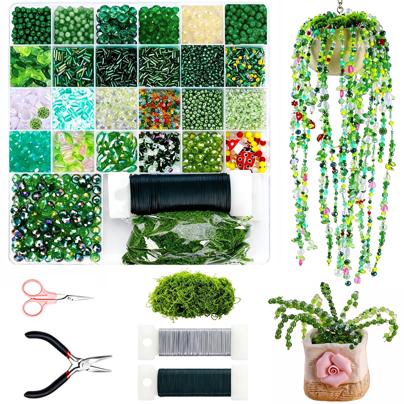 Yaxtrivo 5500 Pcs DIY Beaded Plant Kit, Green Glass Beaded Plant Kit, Forever Plant BeadedMaking Kit for Jewelry Making DIY Craft, Green Beads for BeadedPlants