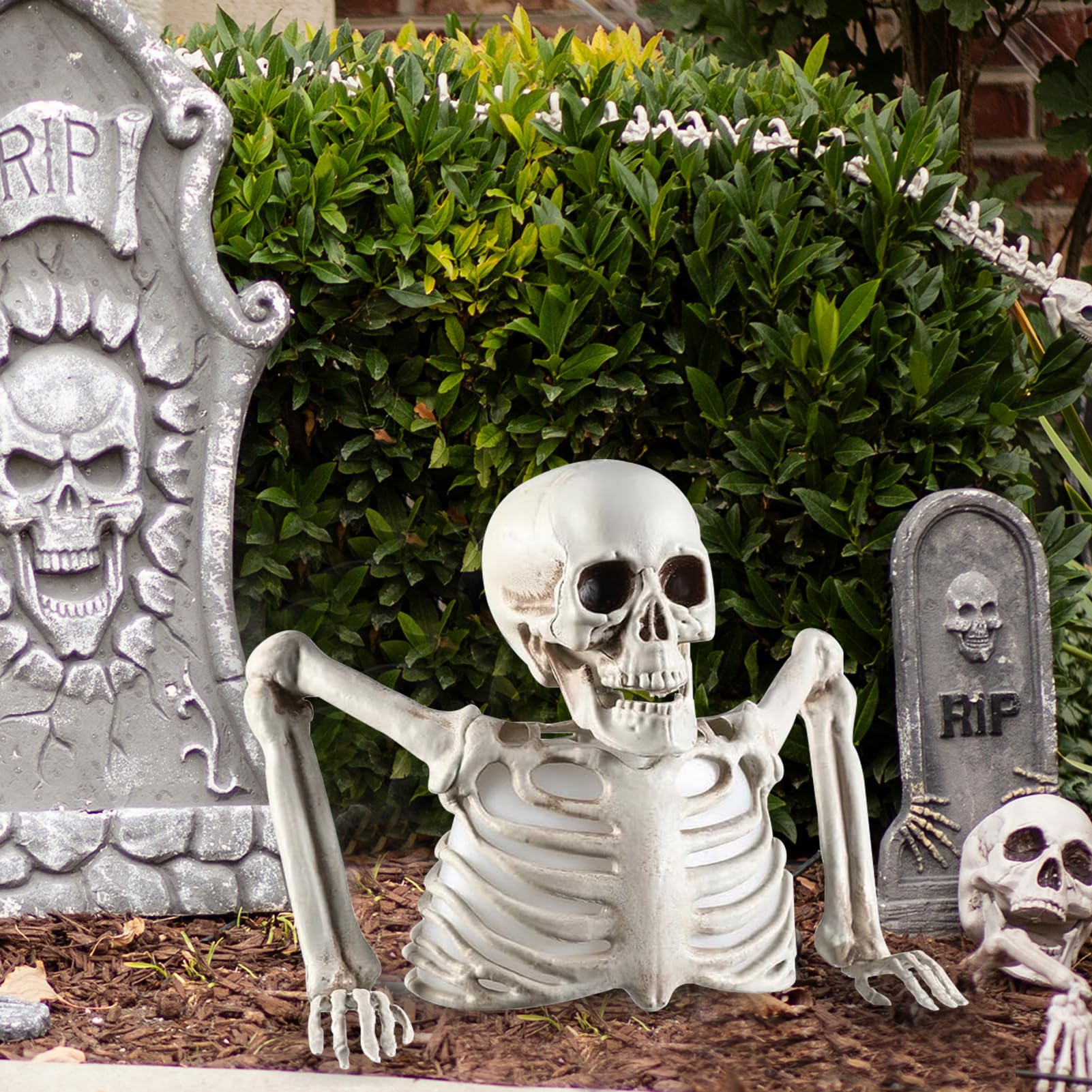 Halloween LED-Skelett Set – Leuchtender Totenkopf & 2 Hände, Gruselige Friedhofs-Deko Für Garten & Party